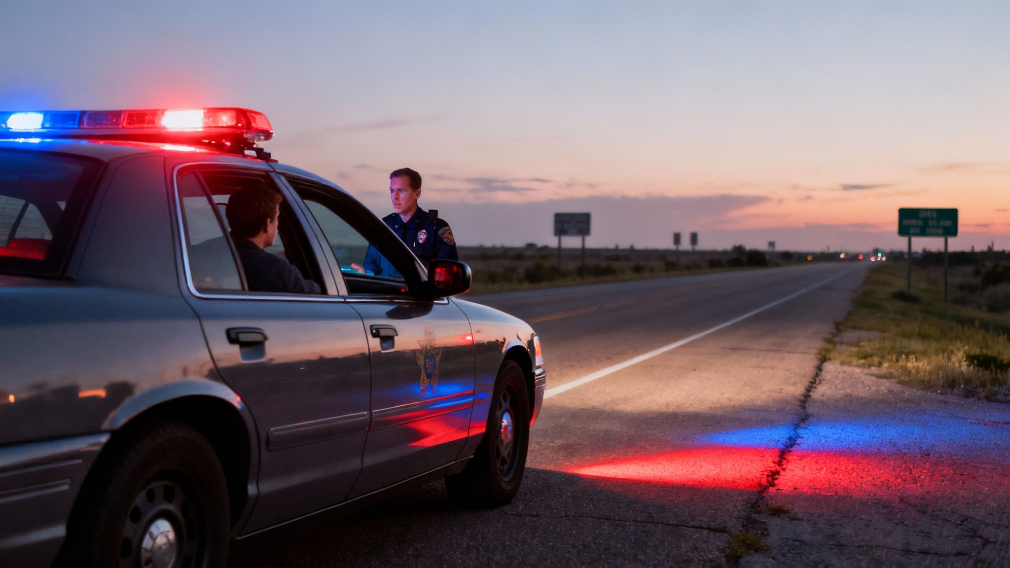 A person looking worried in their car with police lights flashing in the rearview mirror.