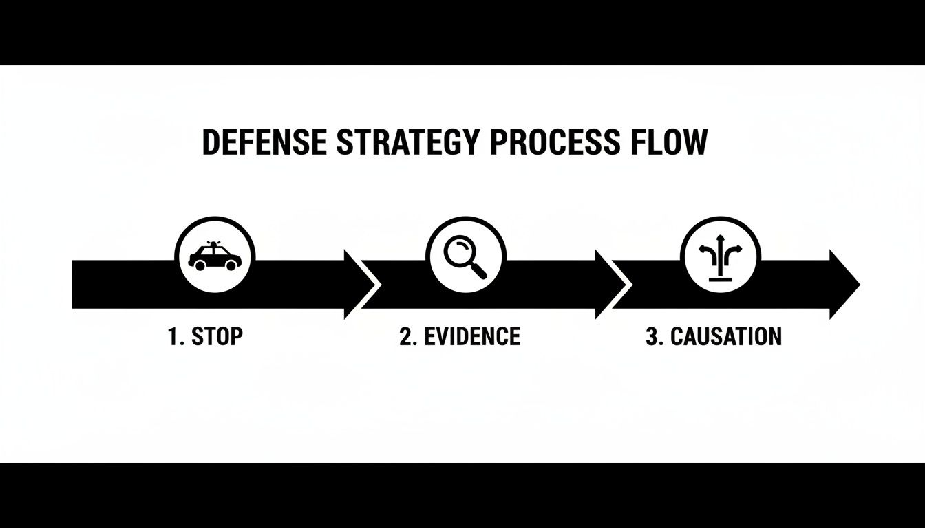 Defense strategy process flow for intoxication manslaughter: stop, evidence, causation.