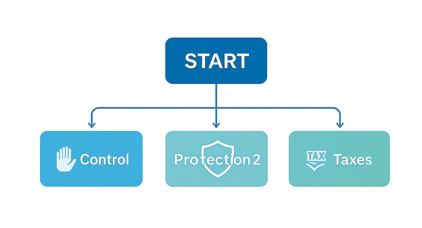 Flowchart illustrating decision-making process for choosing between control, asset protection, or tax savings in estate planning, labeled "START," with paths leading to "Control," "Protection," and "Taxes."