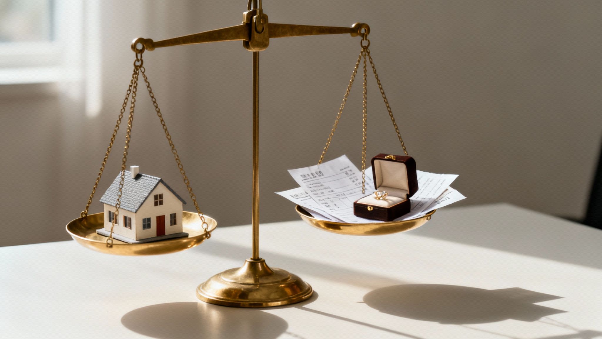 Two separate wedding rings resting on a wooden surface, symbolizing separation.