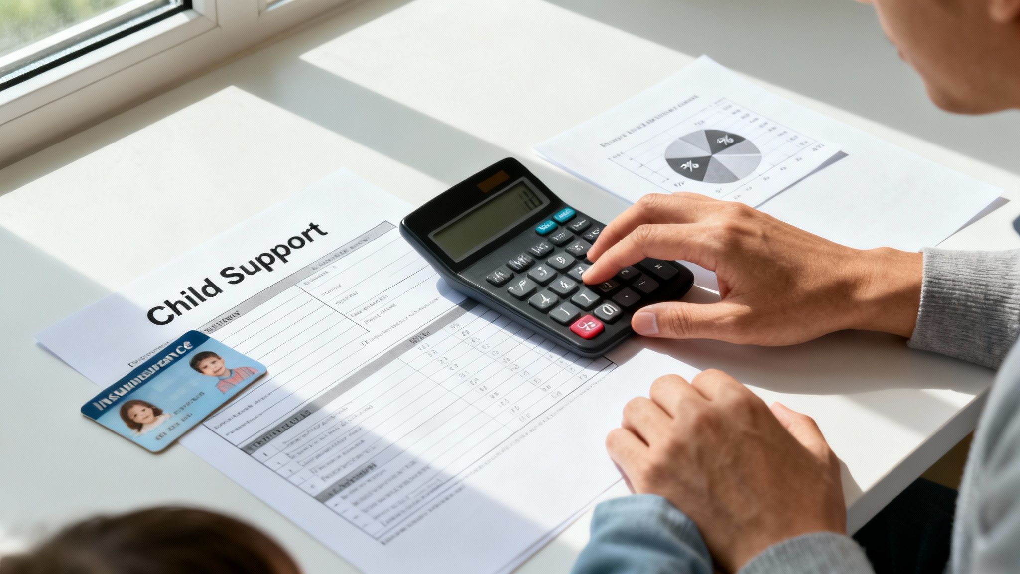 Calculator in use on child support documents, including a child insurance card, emphasizing financial aspects of child support for unmarried parents in Texas.