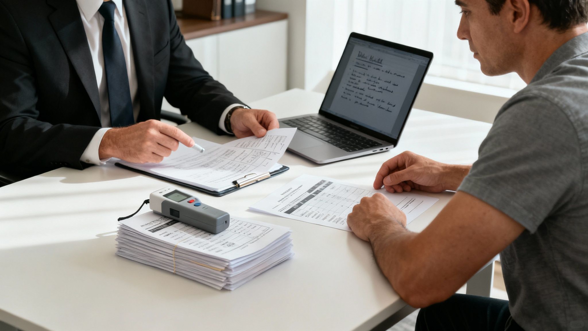 DWI lawyer consulting with client over legal documents and breathalyzer device in office setting.