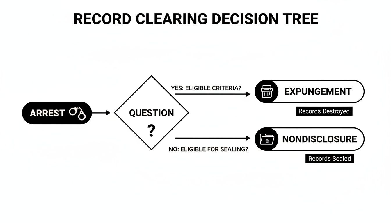 Flowchart illustrating the record clearing decision tree, from arrest to expungement or nondisclosure.