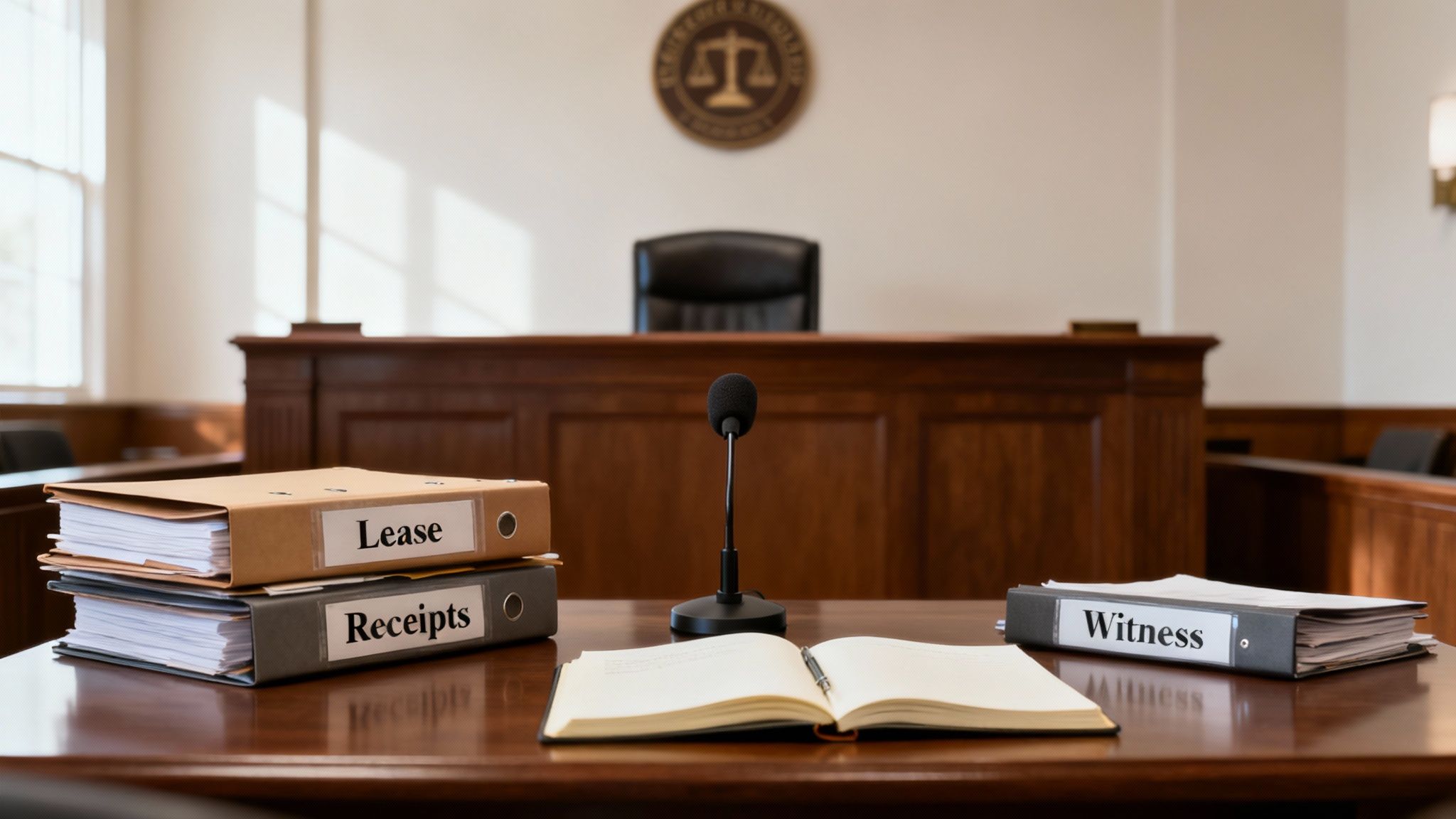 Courtroom setting with folders labeled "Lease" and "Receipts," a microphone, and an open notebook, emphasizing tenant rights and eviction appeal processes in Texas.