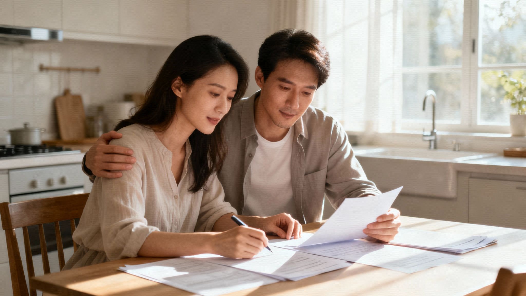 Couple reviewing adoption paperwork at home, focused on planning their newborn adoption journey in Texas.