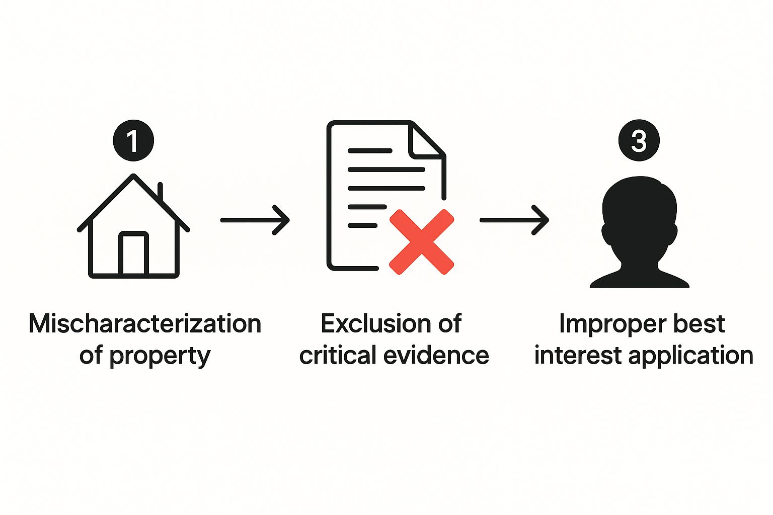 Infographic illustrating common reversible errors in Texas family law: mischaracterization of property, exclusion of critical evidence, and improper best interest application.