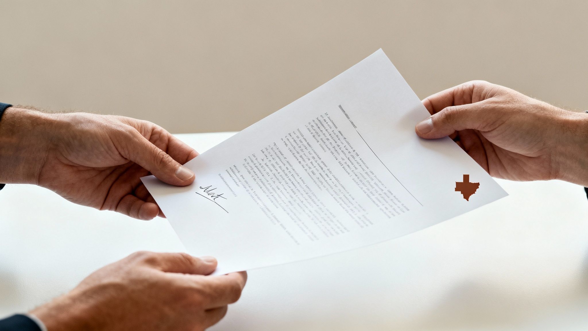 Two individuals exchanging a signed white document with text, possibly a legal contract.