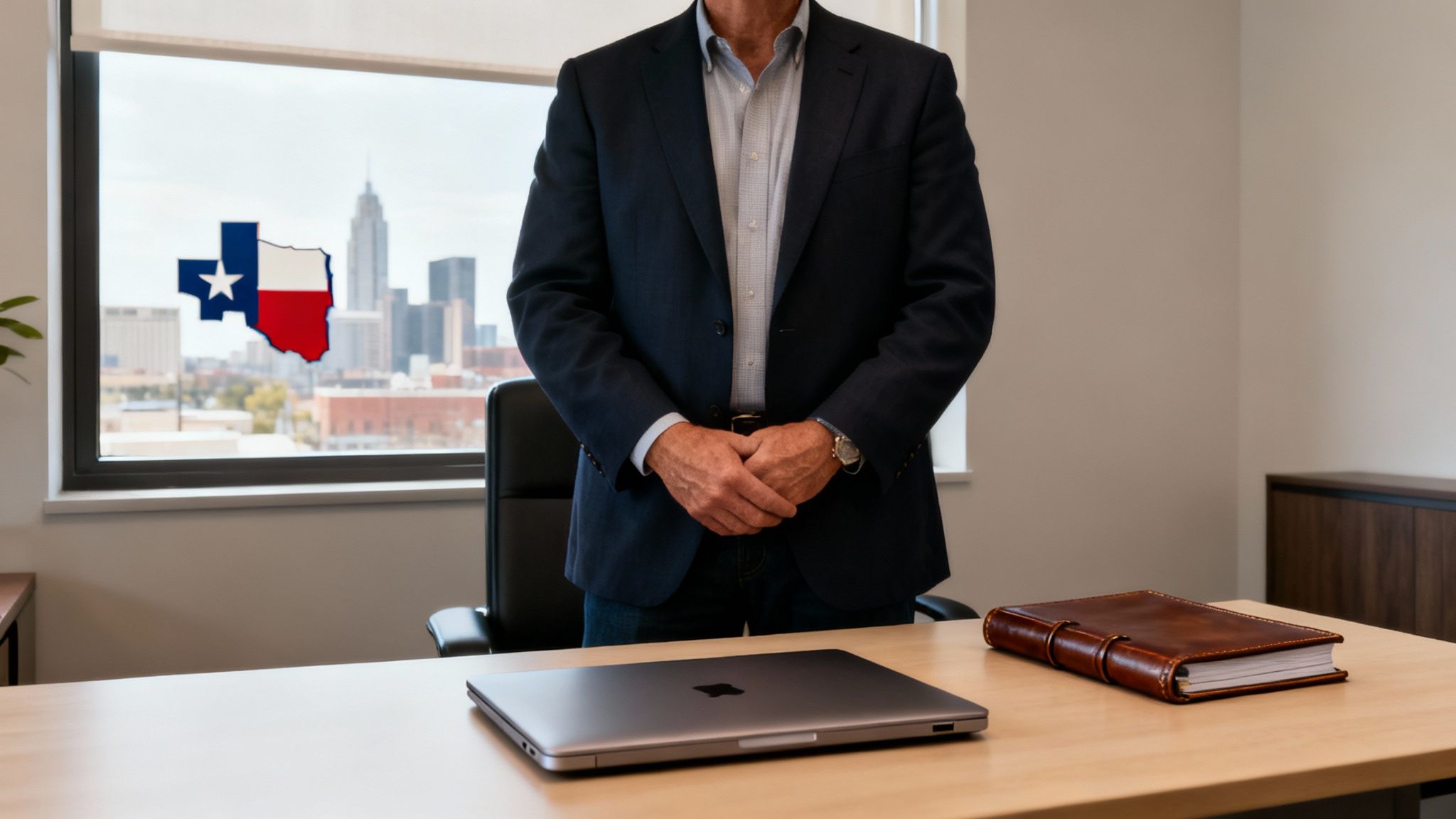 Man in a suit standing at a desk with a laptop, journal, and a Texas cityscape in the background.