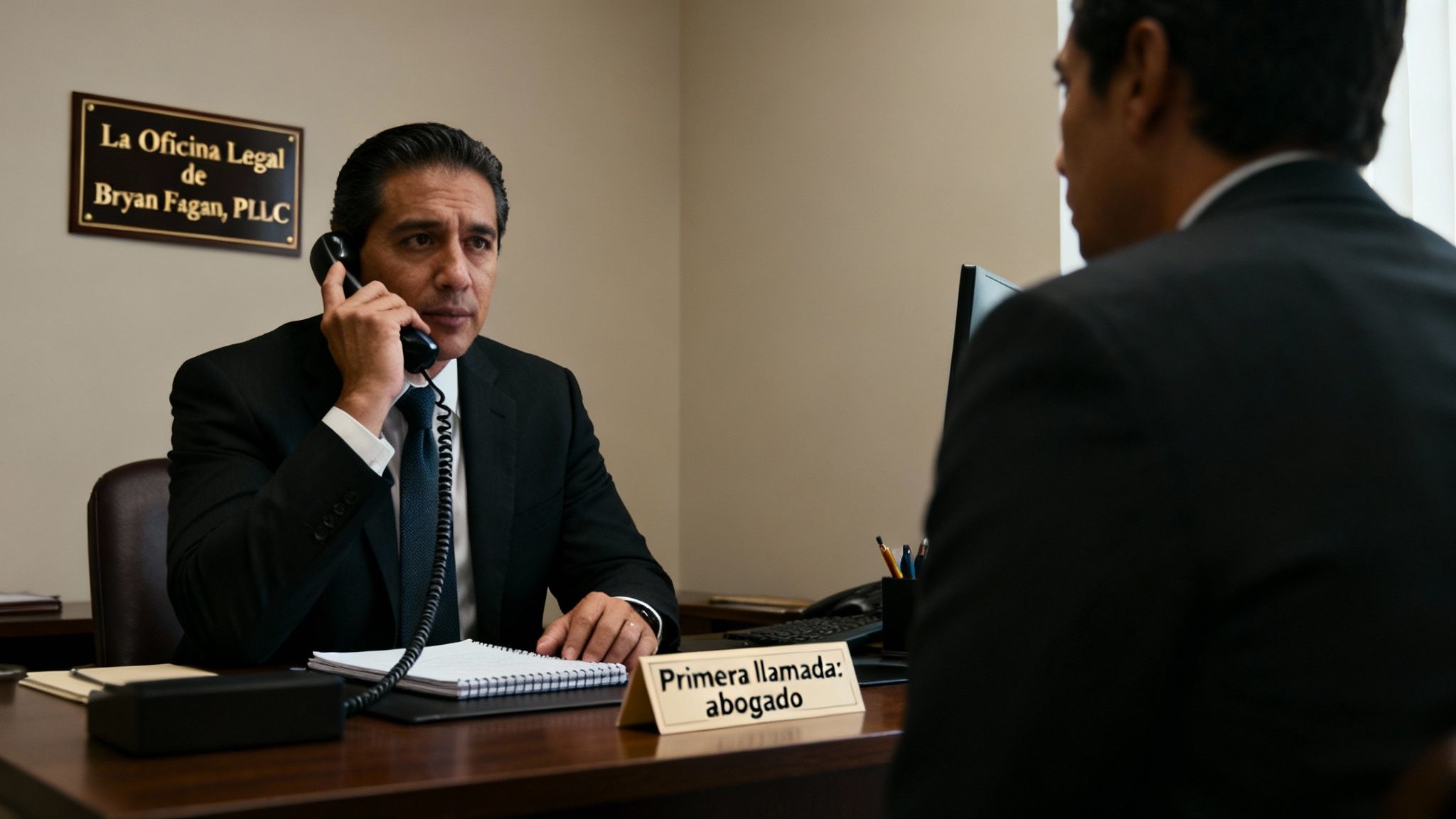 Un abogado hispano atiende una llamada telefónica en su oficina, con un cliente al frente.