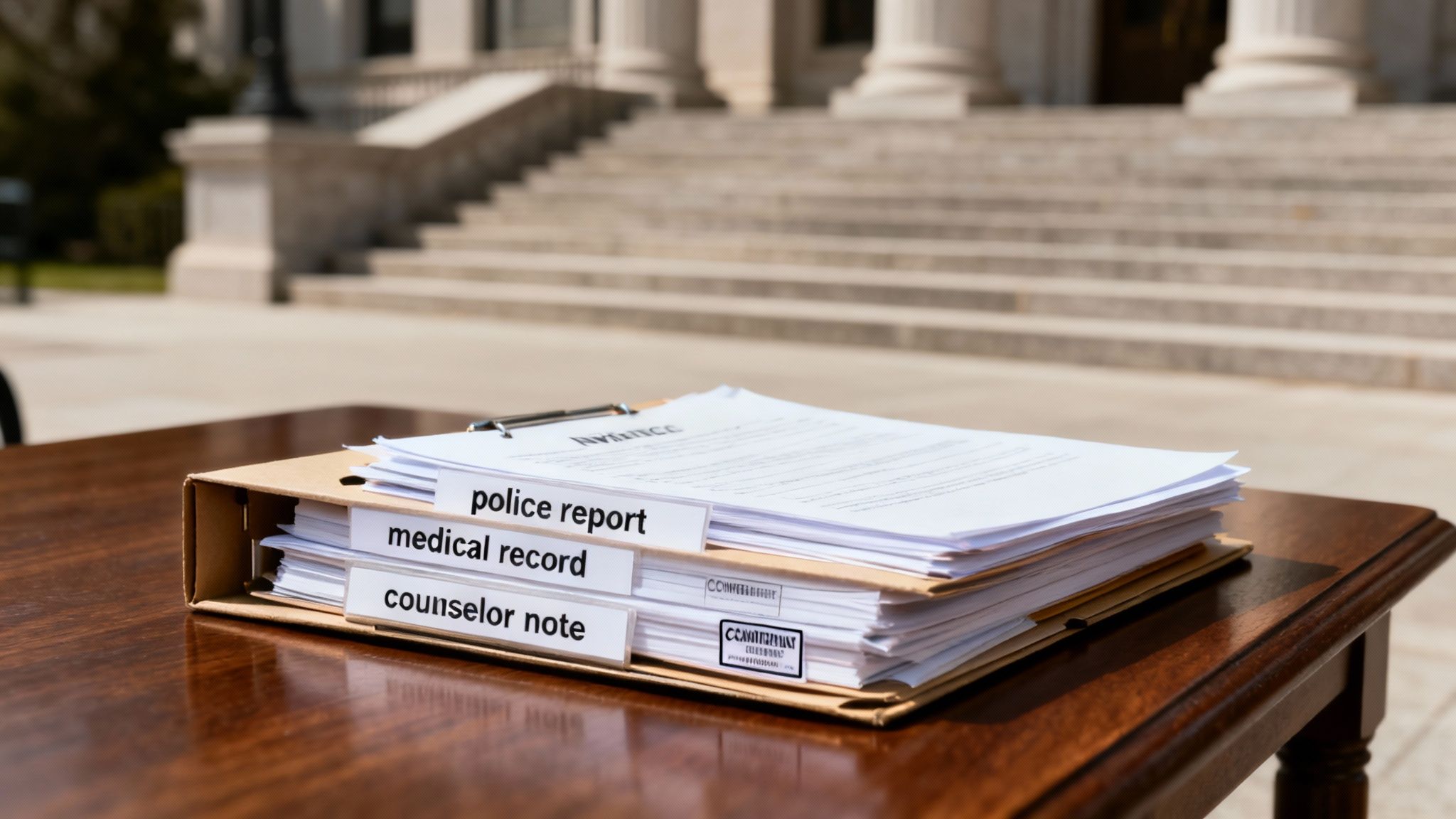 A stack of legal documents labeled police report, medical record, and counselor note on a table outside a courthouse.