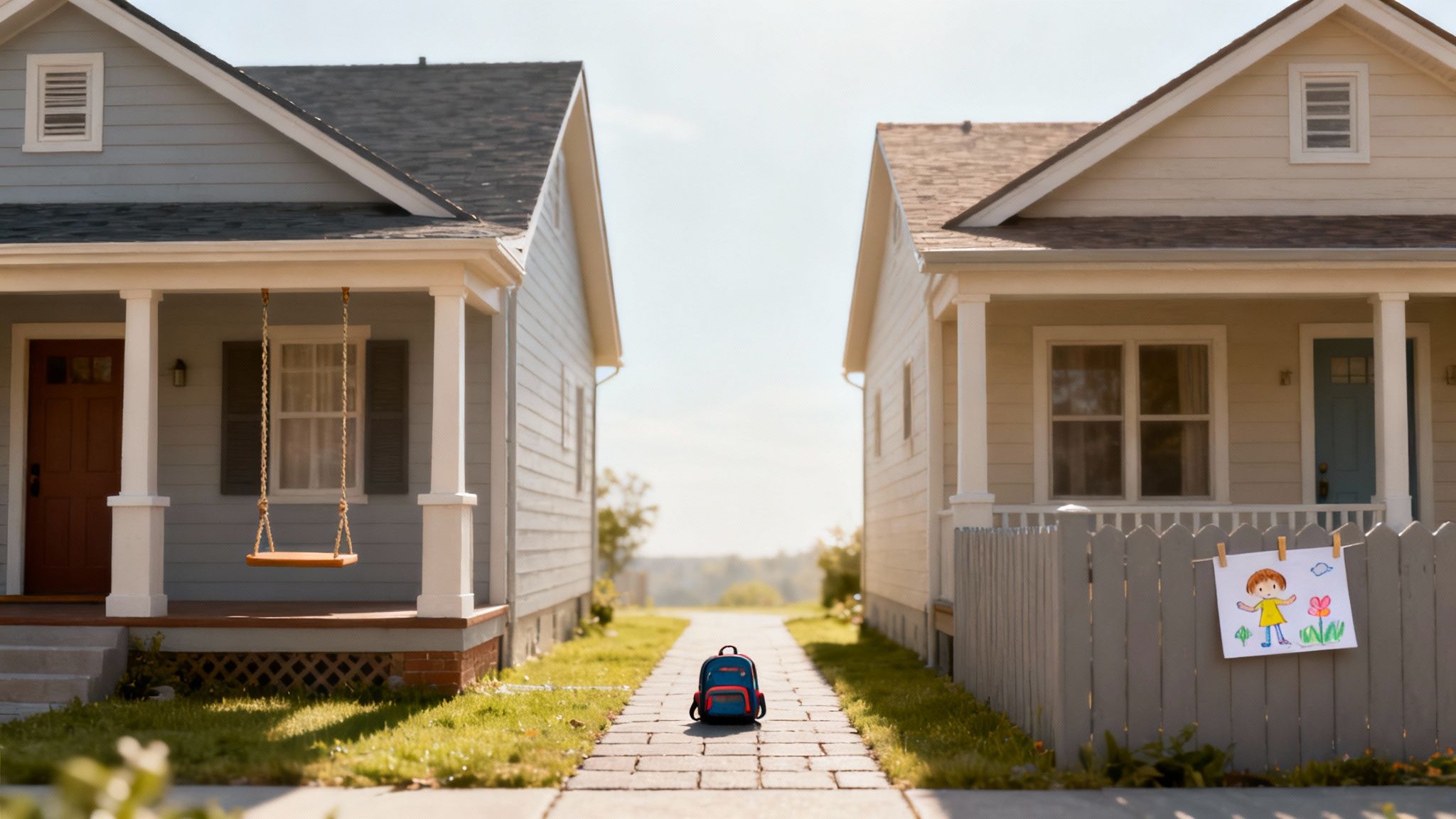 A child's backpack on a path between two homes, with a swing and a drawing.