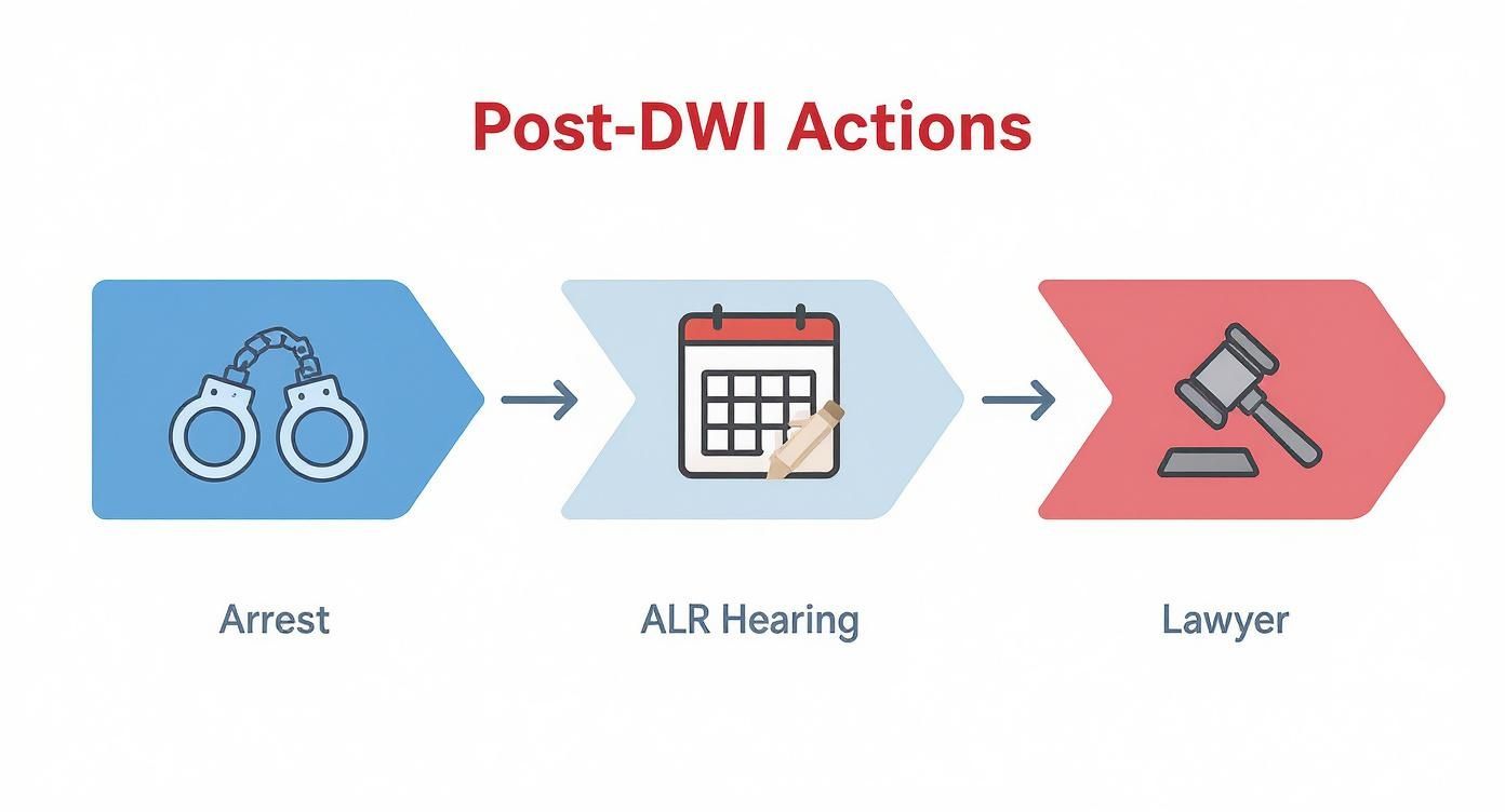 Post-DWI actions infographic illustrating arrest, ALR hearing, and lawyer representation.