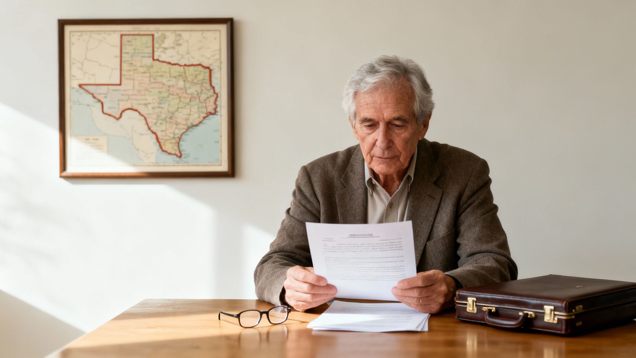 An older man reads a document at a desk with a Texas map in the background, glasses nearby.