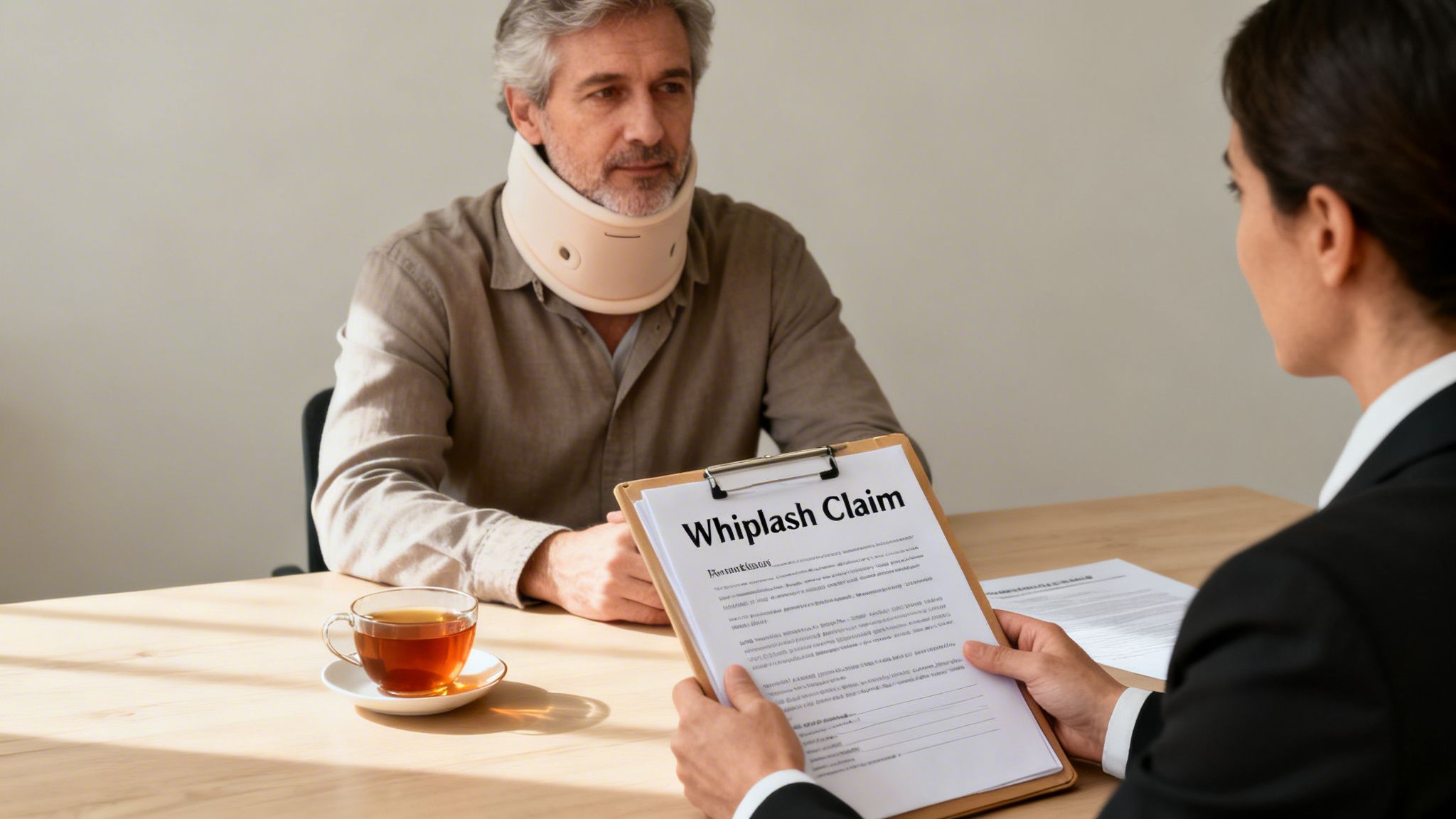 A man in a neck brace discusses his whiplash injury claim with a woman in a suit.