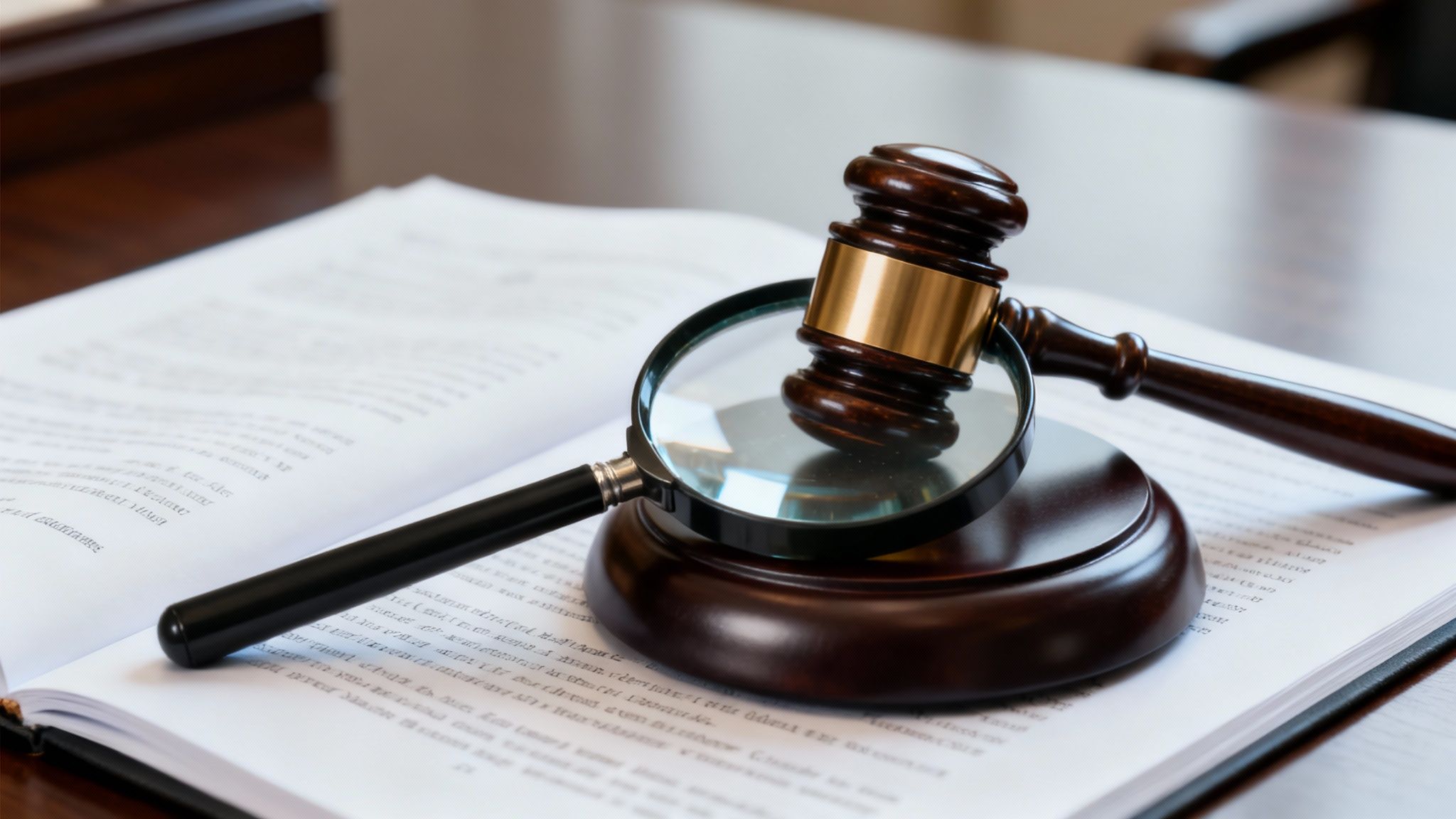 A wooden gavel and magnifying glass rest on an open legal book on a desk.