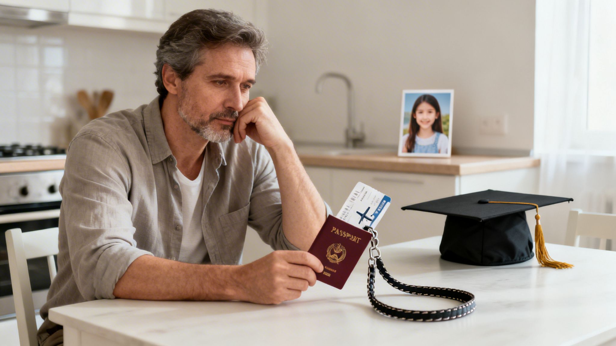 A pensive man holds a passport and boarding pass, looking at a graduation cap and a child's photo.