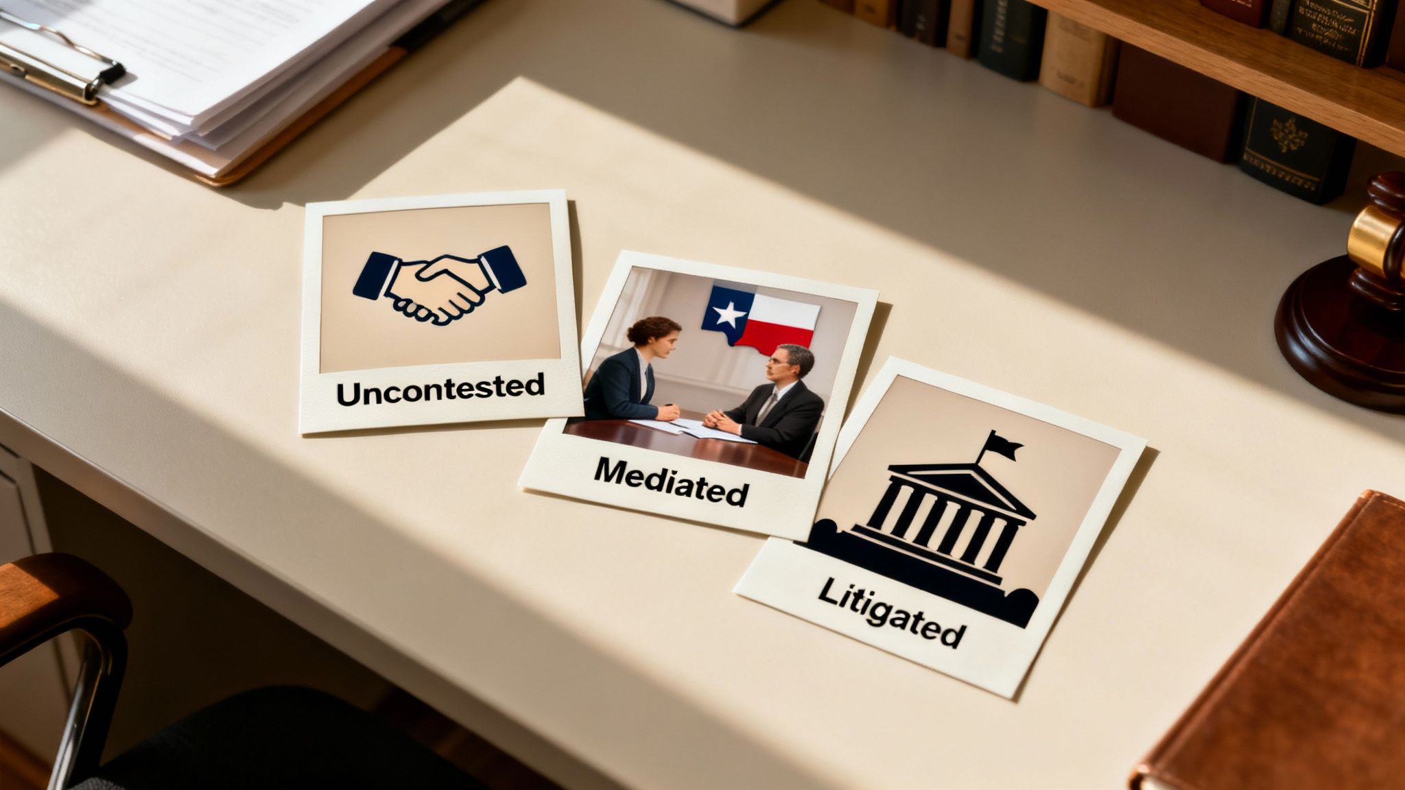 Three polaroid photos on a desk showing uncontested, mediated, and litigated divorce options.