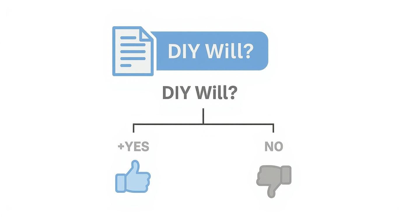 Decision flowchart showing DIY will options with thumbs up for yes and thumbs down for no