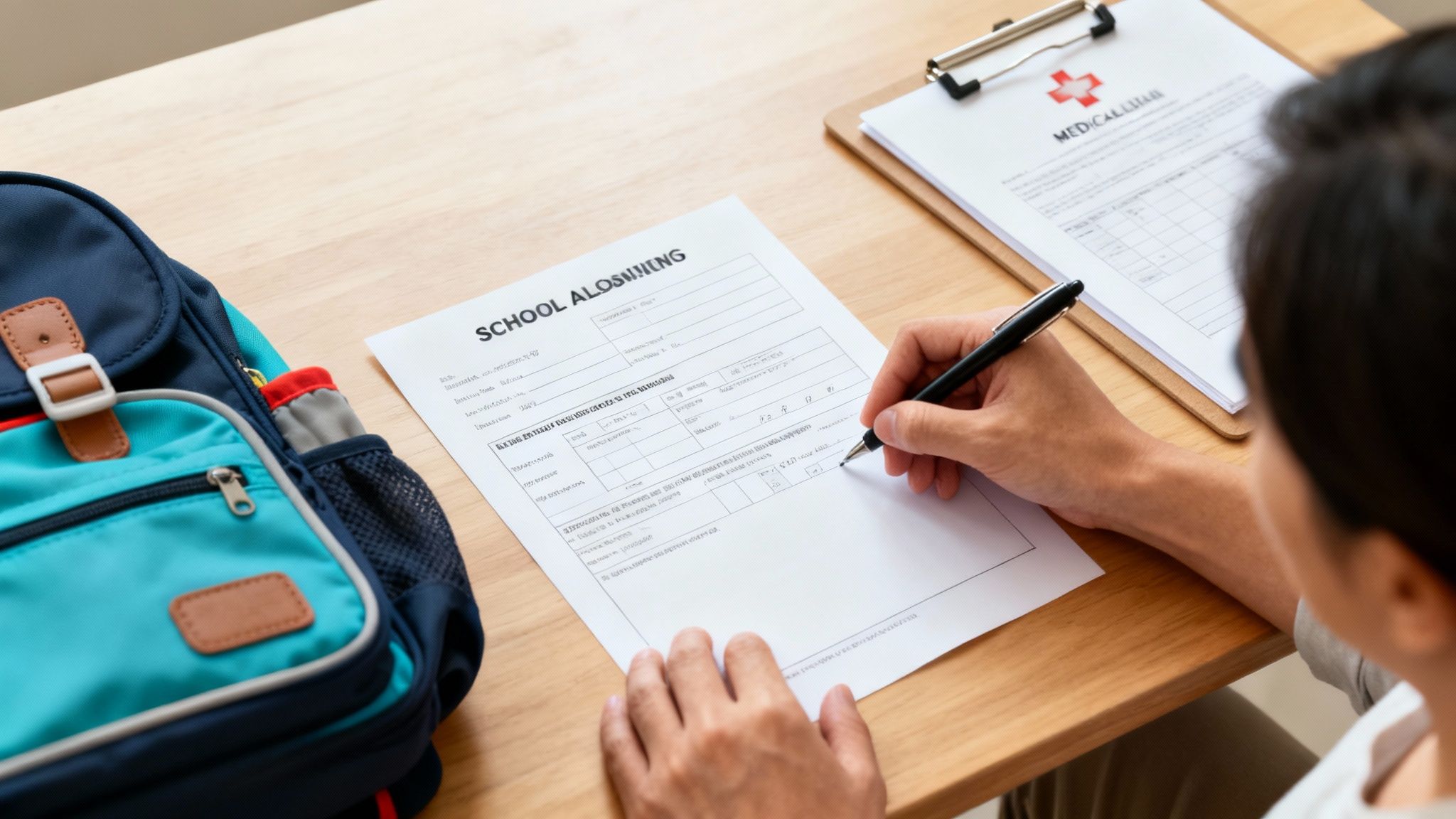 A person is filling out school admission and medical forms on a wooden desk with a backpack.