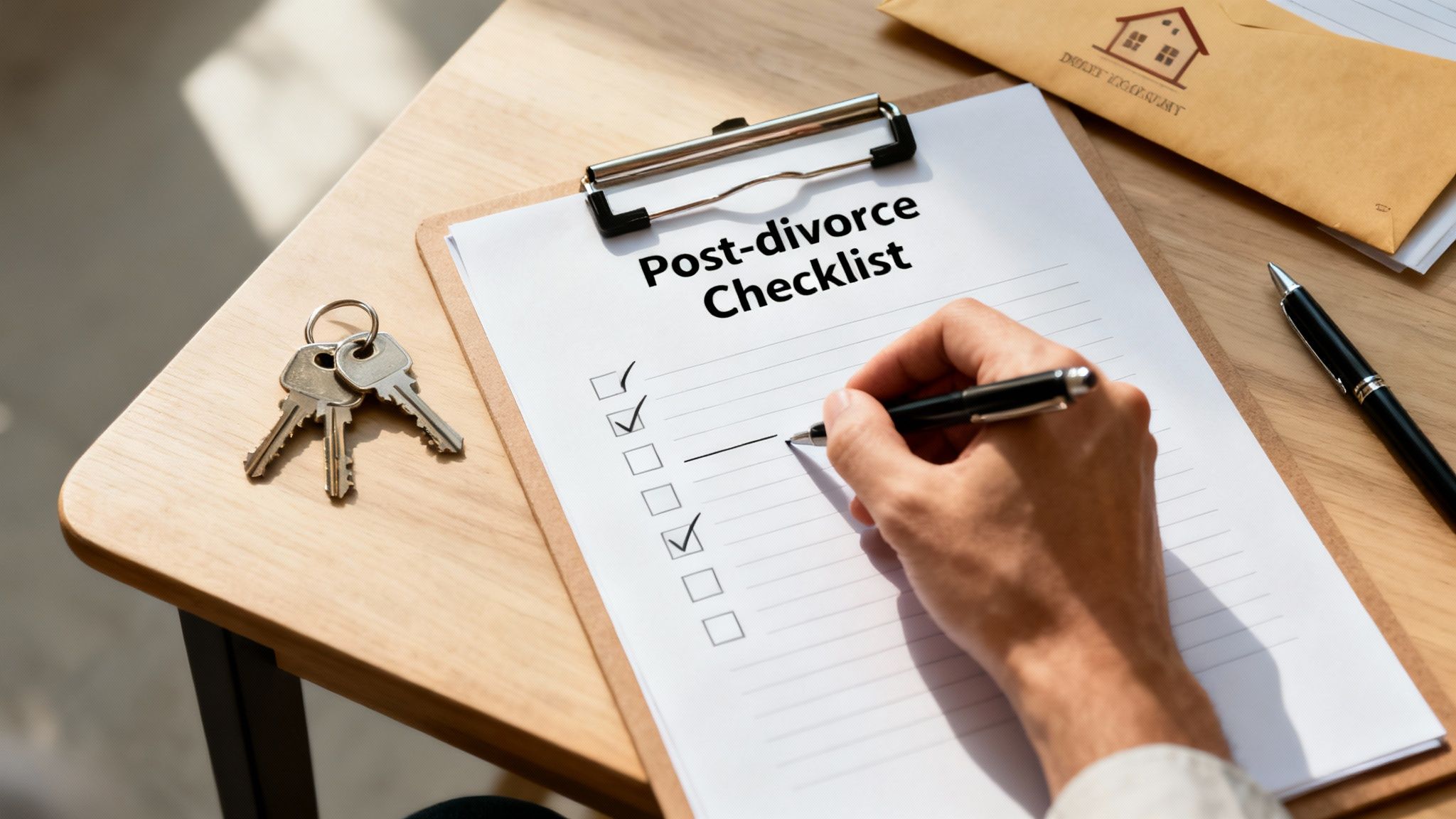 A person's hand checks items on a 'Post-divorce Checklist' with house keys nearby.