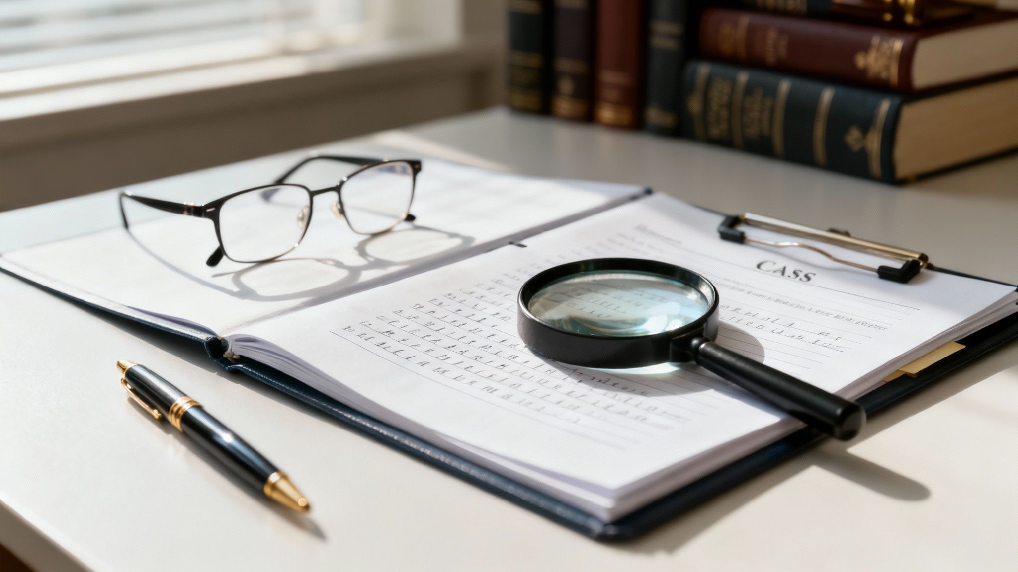 Magnifying glass on legal documents with glasses and a pen, symbolizing legal analysis and representation for DUI and DWI cases in Texas.
