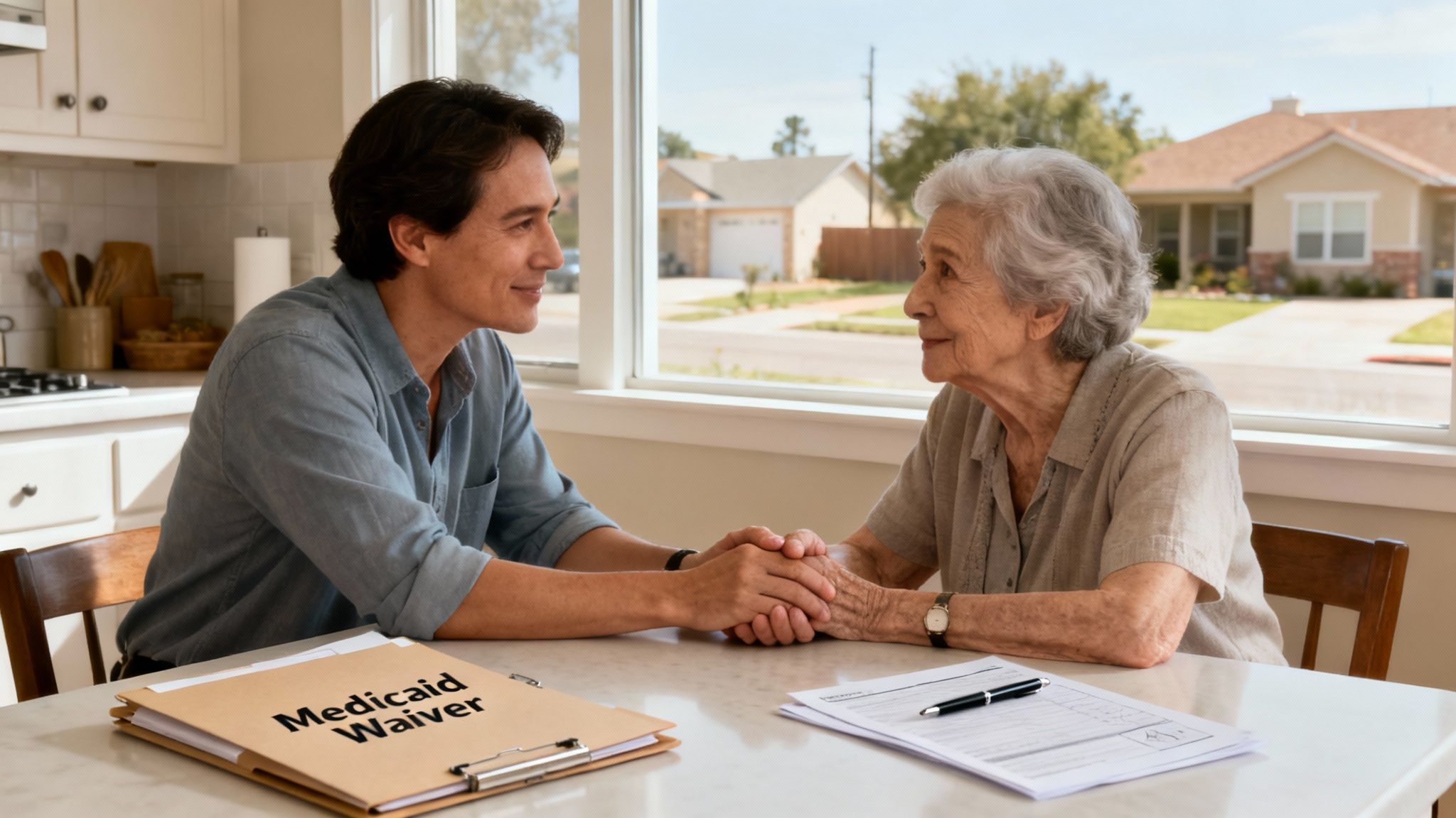 A man and an elderly woman hold hands across a table with a "Medicaid Waiver" document.