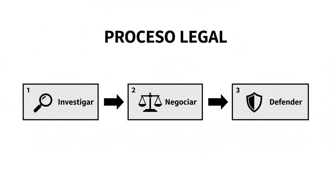 Infografía del proceso legal paso a paso: investigar con lupa, negociar con balanza y defender con escudo.