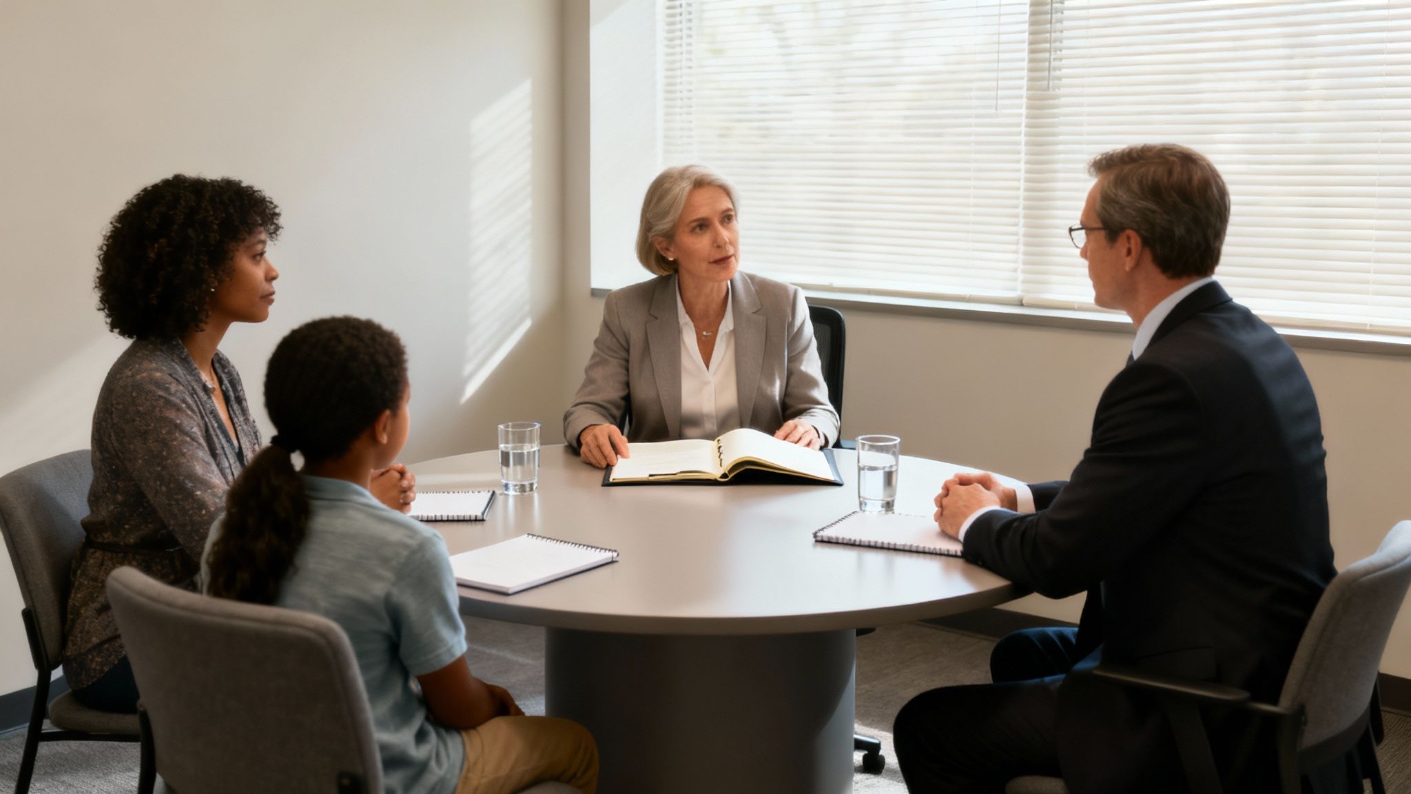A diverse group of professionals sitting around a conference table in a well-lit office, engaged in a serious discussion.