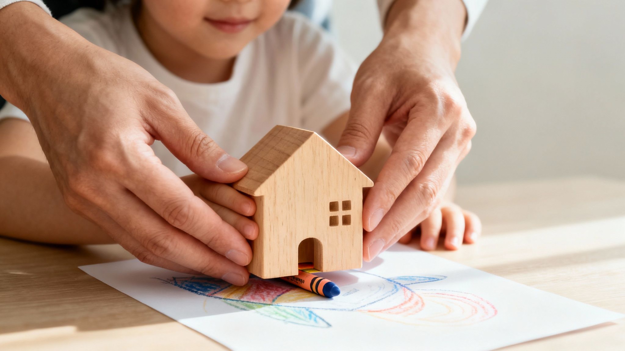 Adult and child hands hold a wooden toy house over a drawing and crayons on a table.