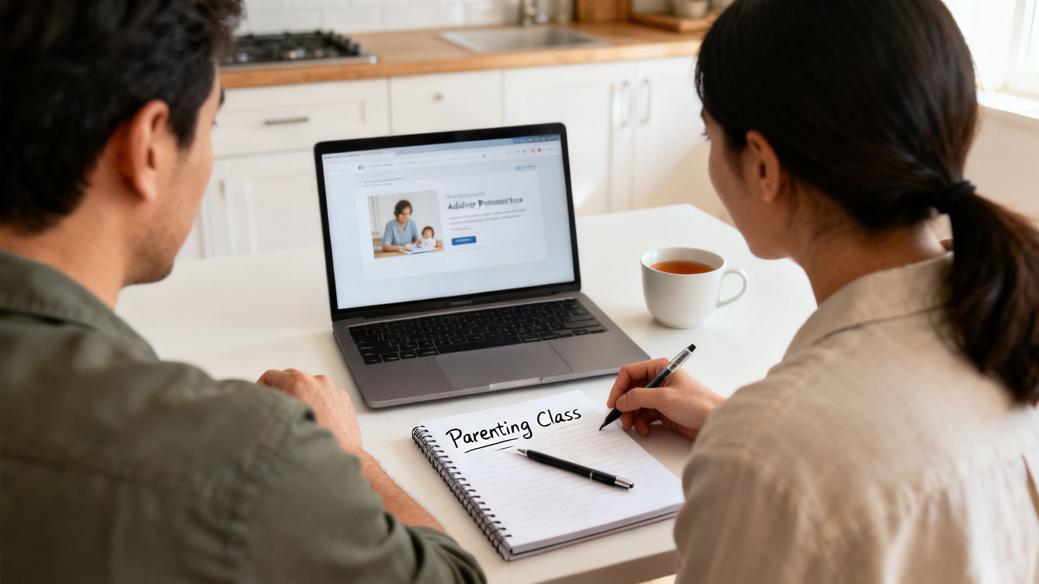 A couple watches a parenting class on a laptop and takes notes in a bright kitchen.