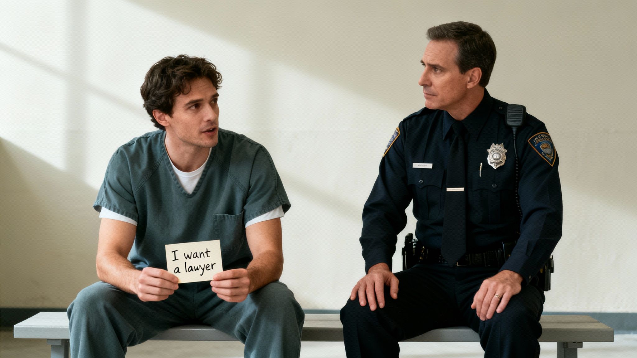 A man in a prisoner's jumpsuit holds a sign requesting a lawyer, next to a police officer.