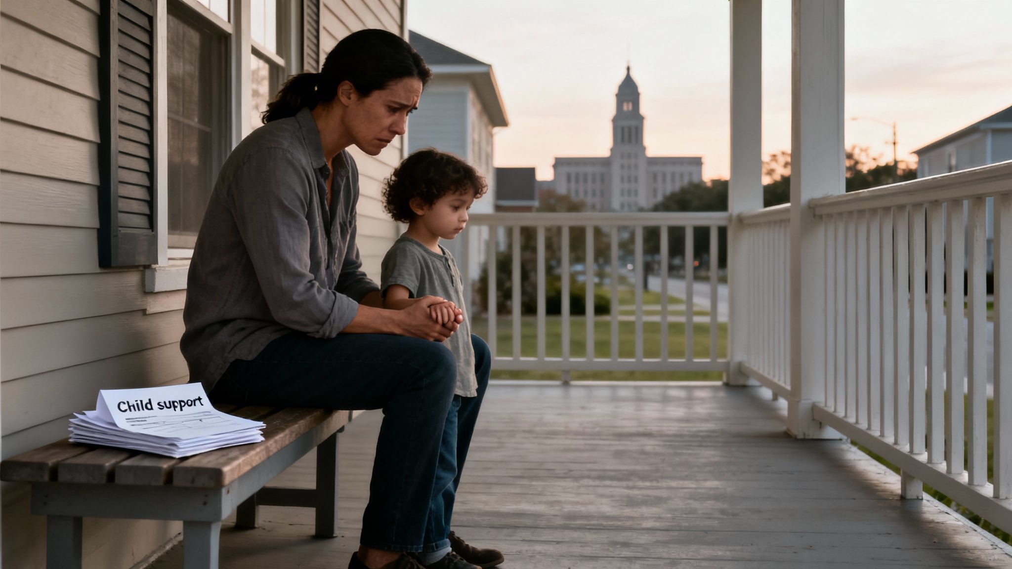 Parent and child sitting on porch with child support documents, reflecting on financial responsibilities and emotional challenges of retroactive child support in Texas.