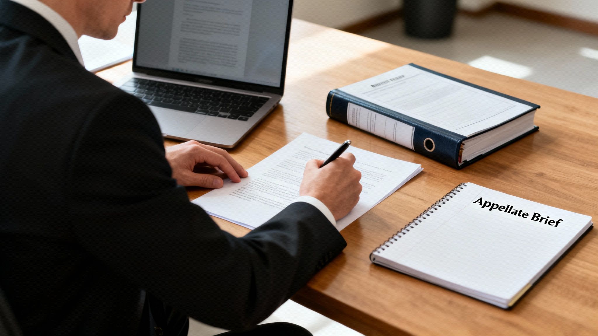 A legal professional writes on a document, surrounded by a laptop, binder, and an 'Appellate Brief' notebook, at a wooden desk.
