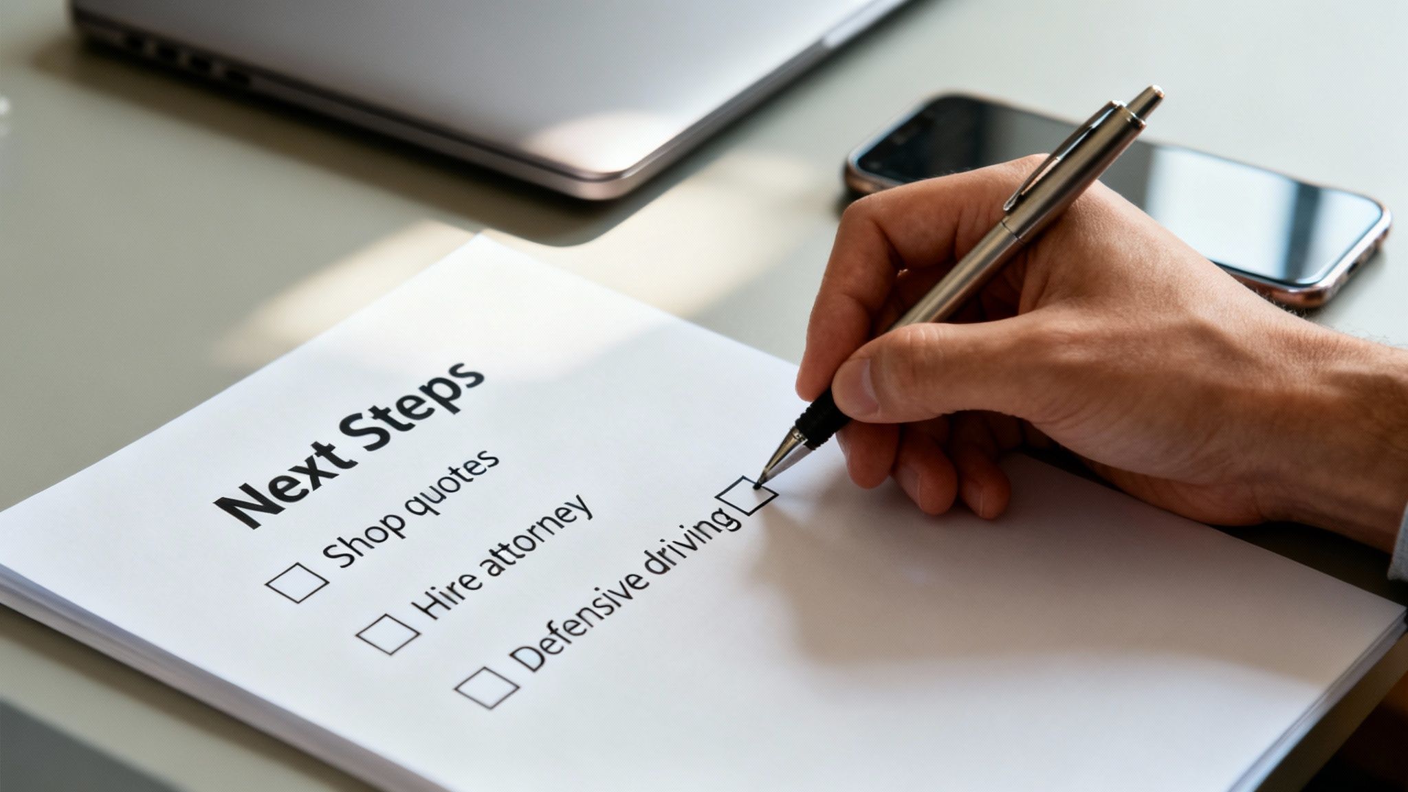 Checklist titled "Next Steps" with checkbox items: "Shop quotes," "Hire attorney," and "Defensive driving," emphasizing proactive measures for managing auto insurance after a DWI.