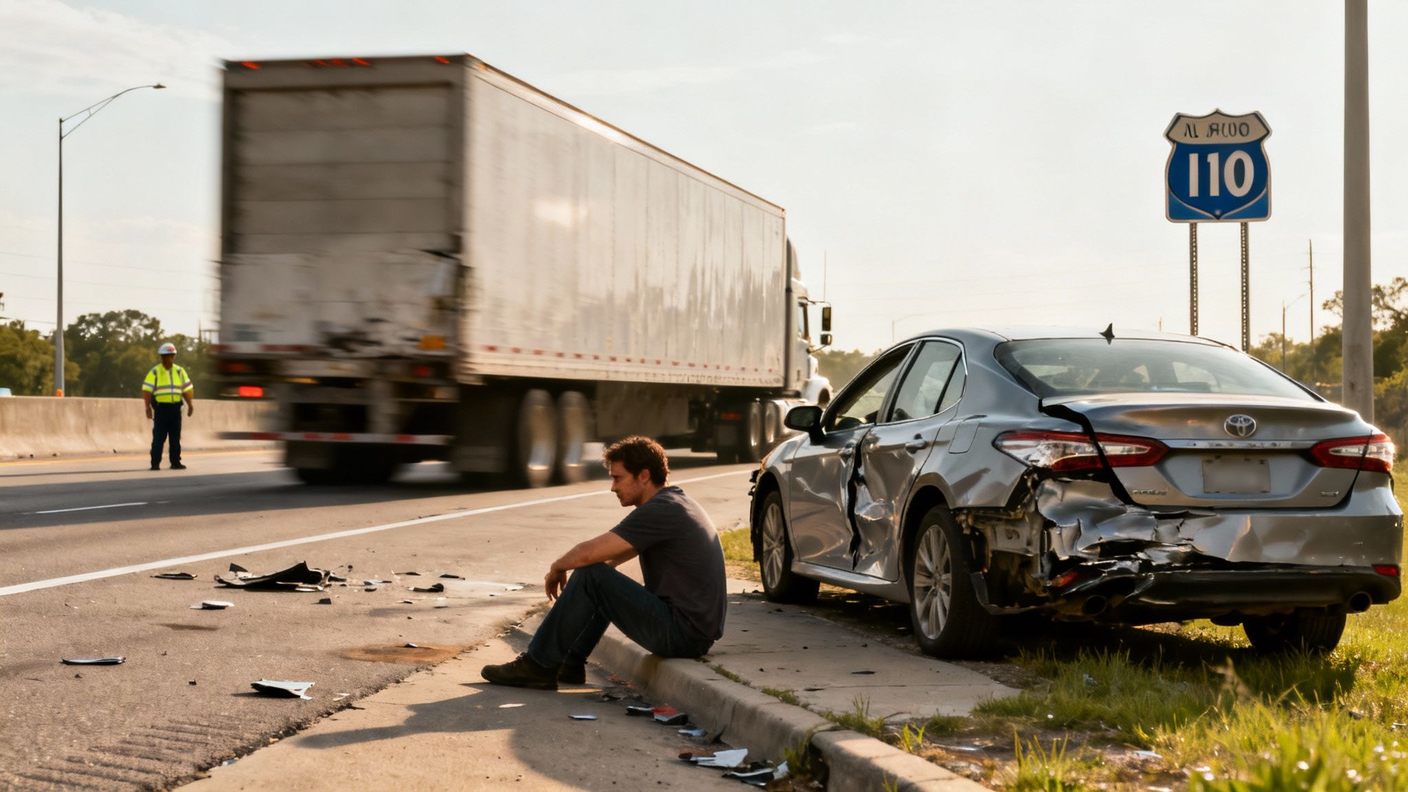 Man sits by a severely damaged silver car on a highway after an accident, with a truck passing.