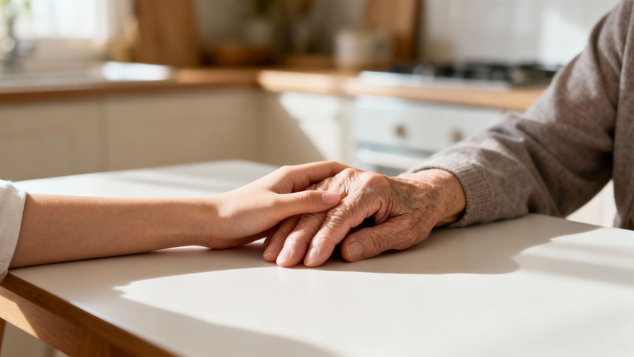 A young hand gently holds an older, wrinkled hand on a table, symbolizing care and support.