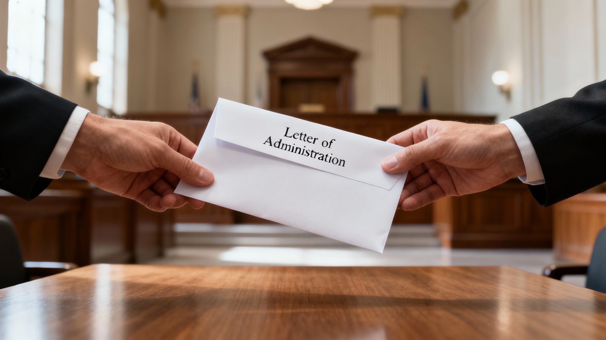 Two hands in suits exchange a 'Letter of Administration' envelope across a wooden table in a courtroom.