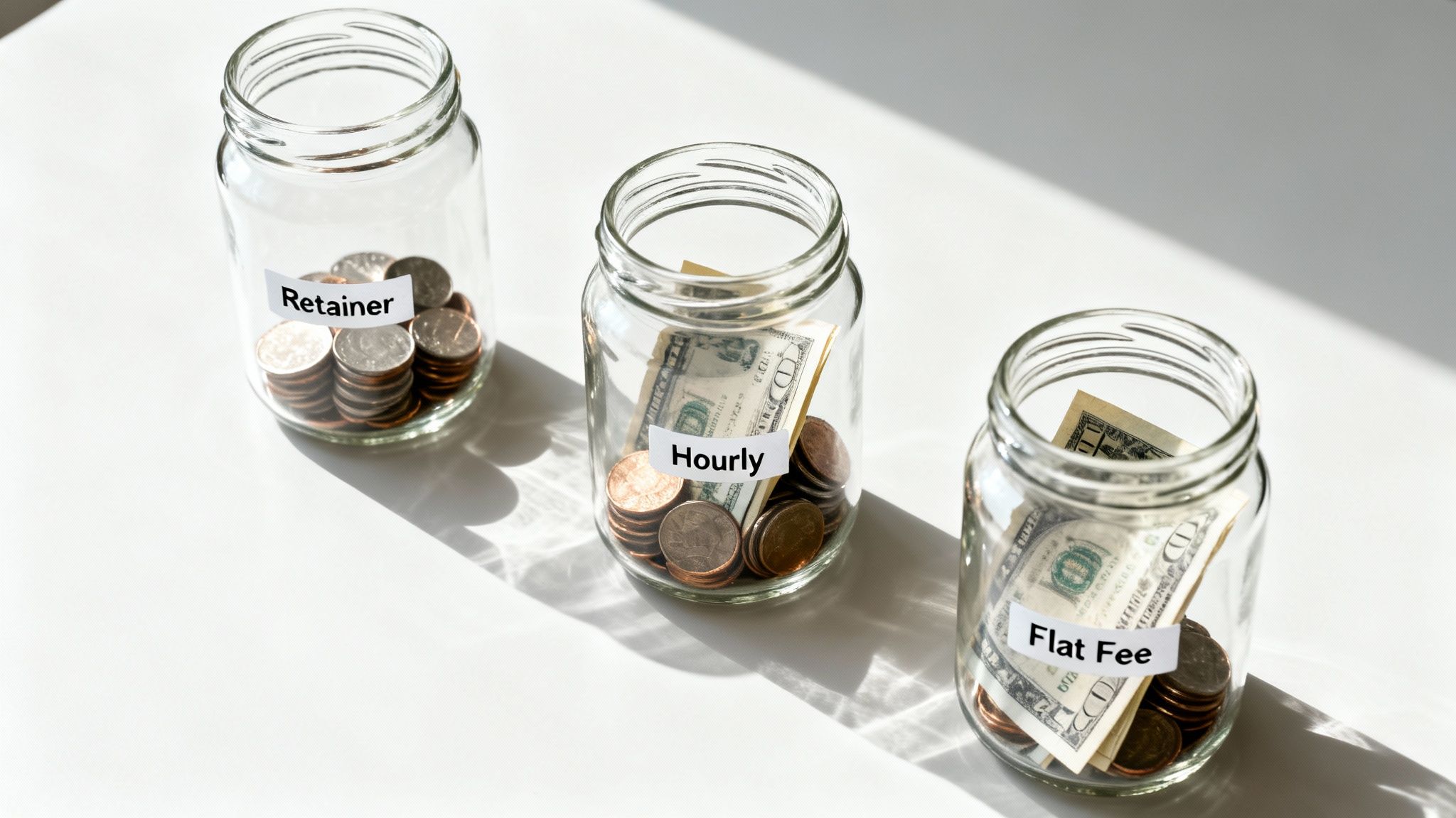 Three jars labeled 'Retainer', 'Hourly', and 'Flat Fee' filled with coins and bills, representing different payment models.