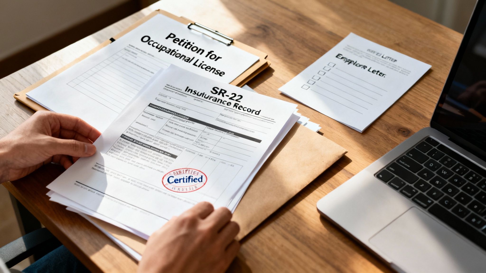 A person reviewing documents including an SR-22 insurance record and an occupational license petition.
