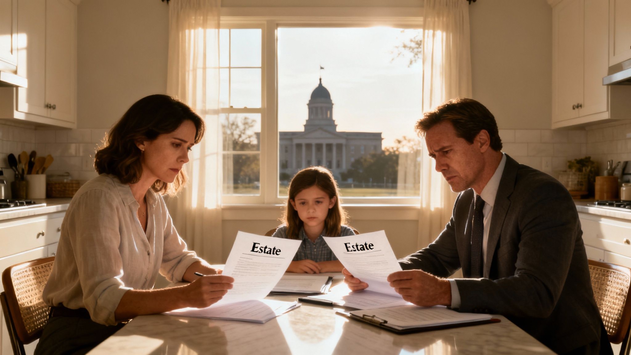 Family discussing estate planning documents in a kitchen, focusing on avoiding probate in Texas.