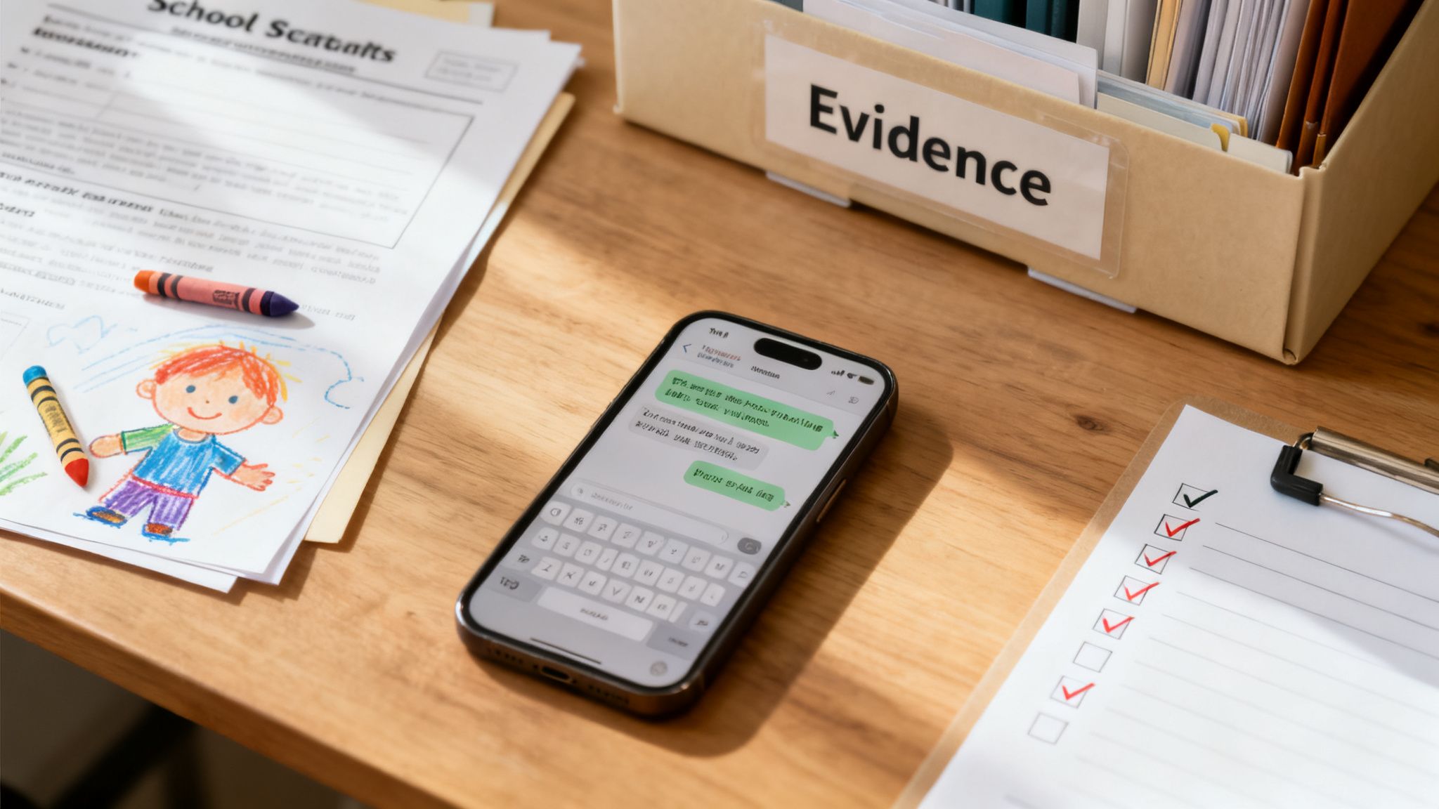 Desk with child's drawing, school papers, crayons, a phone showing a chat, and an 'Evidence' box.