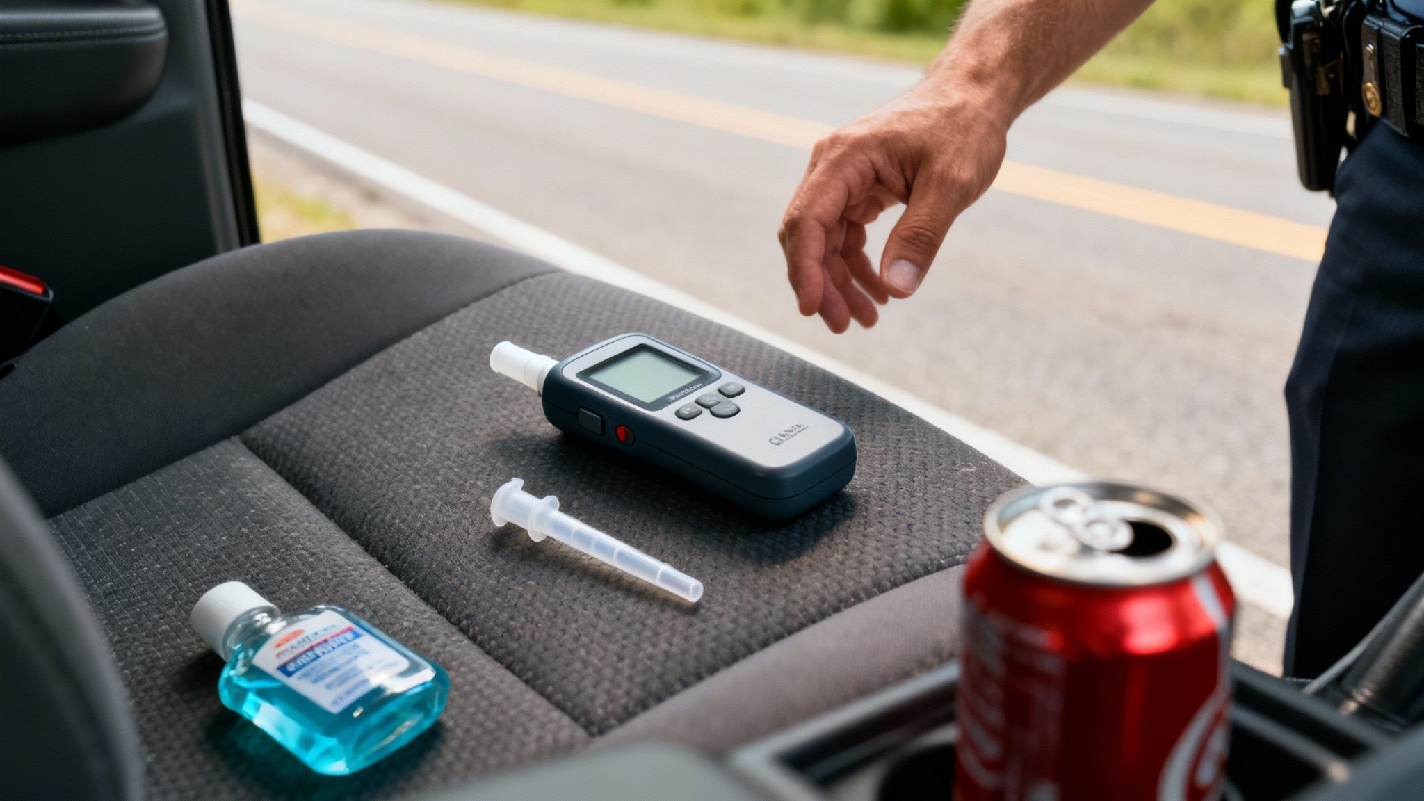 Close-up of a police officer's hand near a breathalyzer, hand sanitizer, and soda can in a car.