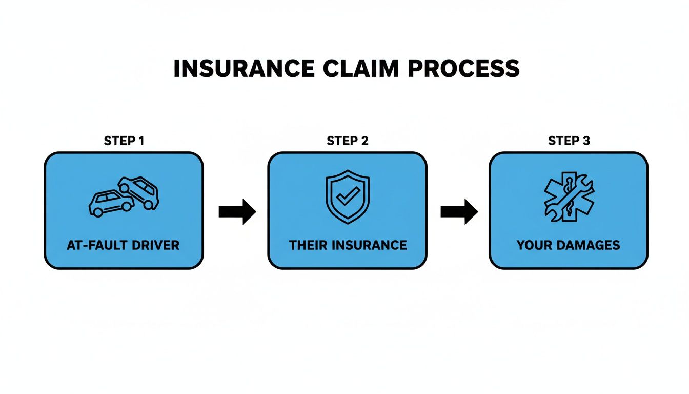 Flowchart illustrating the three-step insurance claim process involving an at-fault driver, their insurance, and your damages.