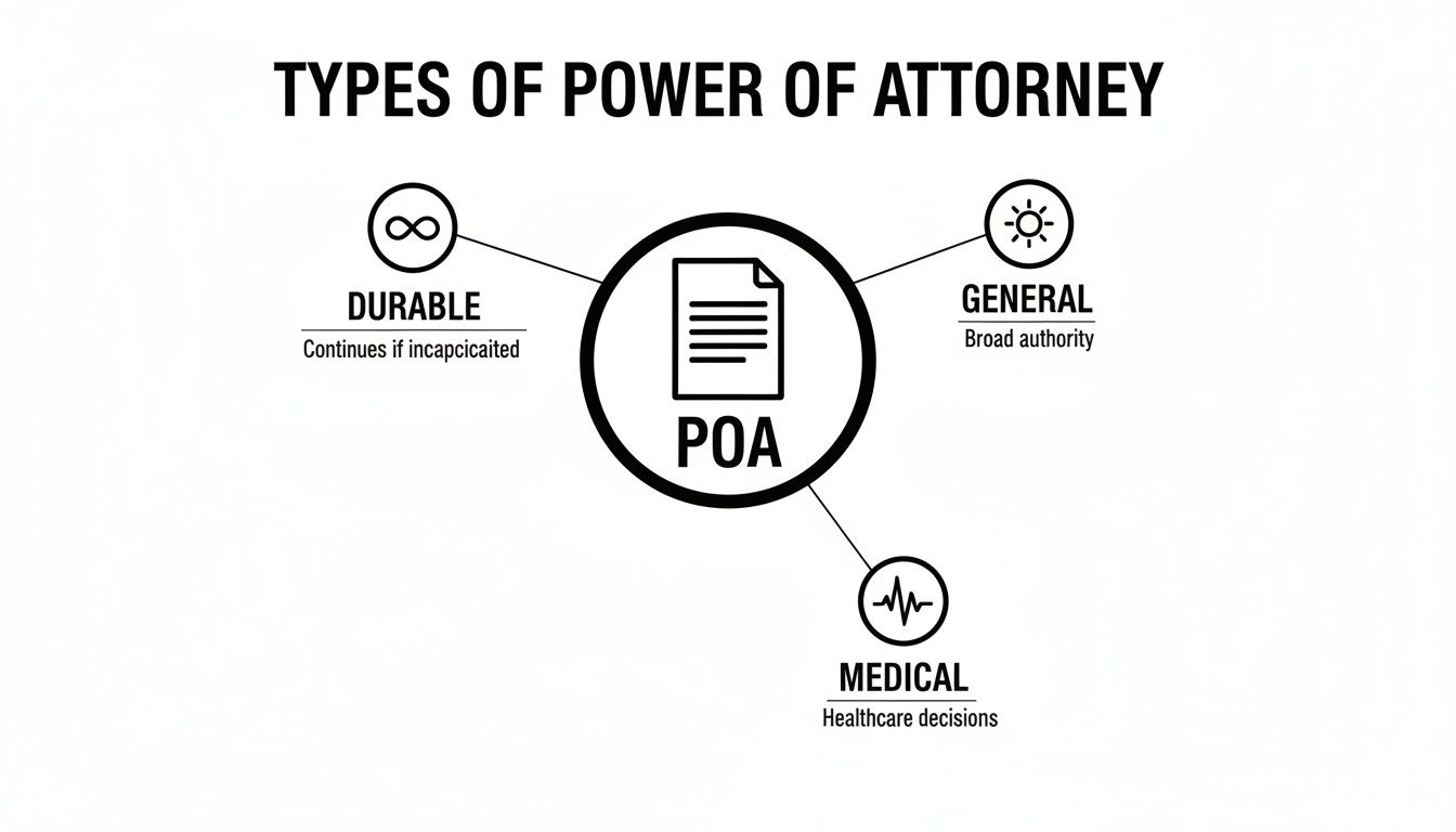 Diagram showing different types of Power of Attorney: Durable, General, and Medical.