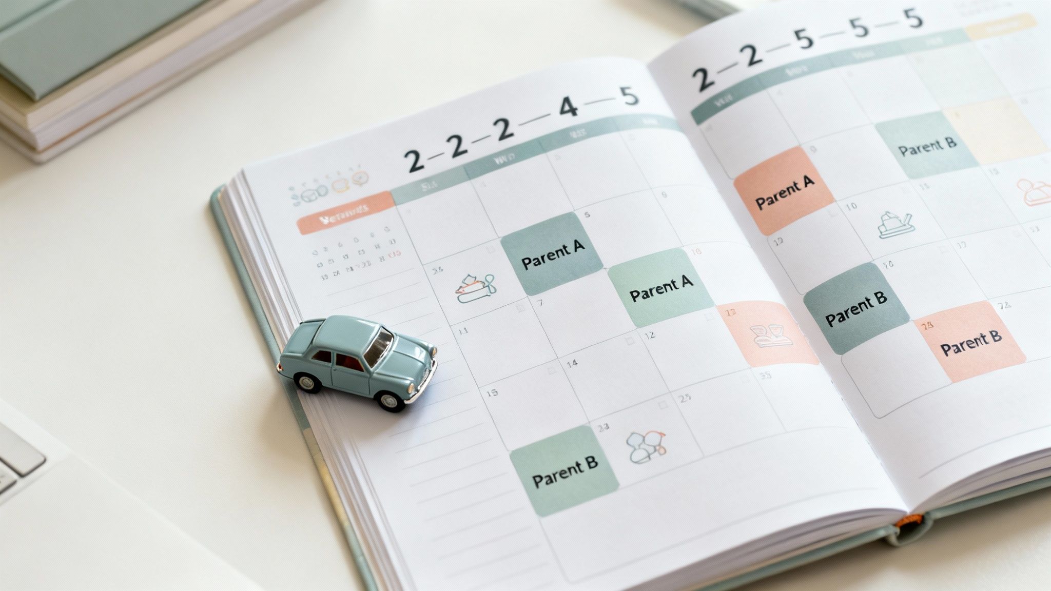 An open calendar displaying a 50/50 custody schedule for 'Parent A' and 'Parent B' with a toy car.