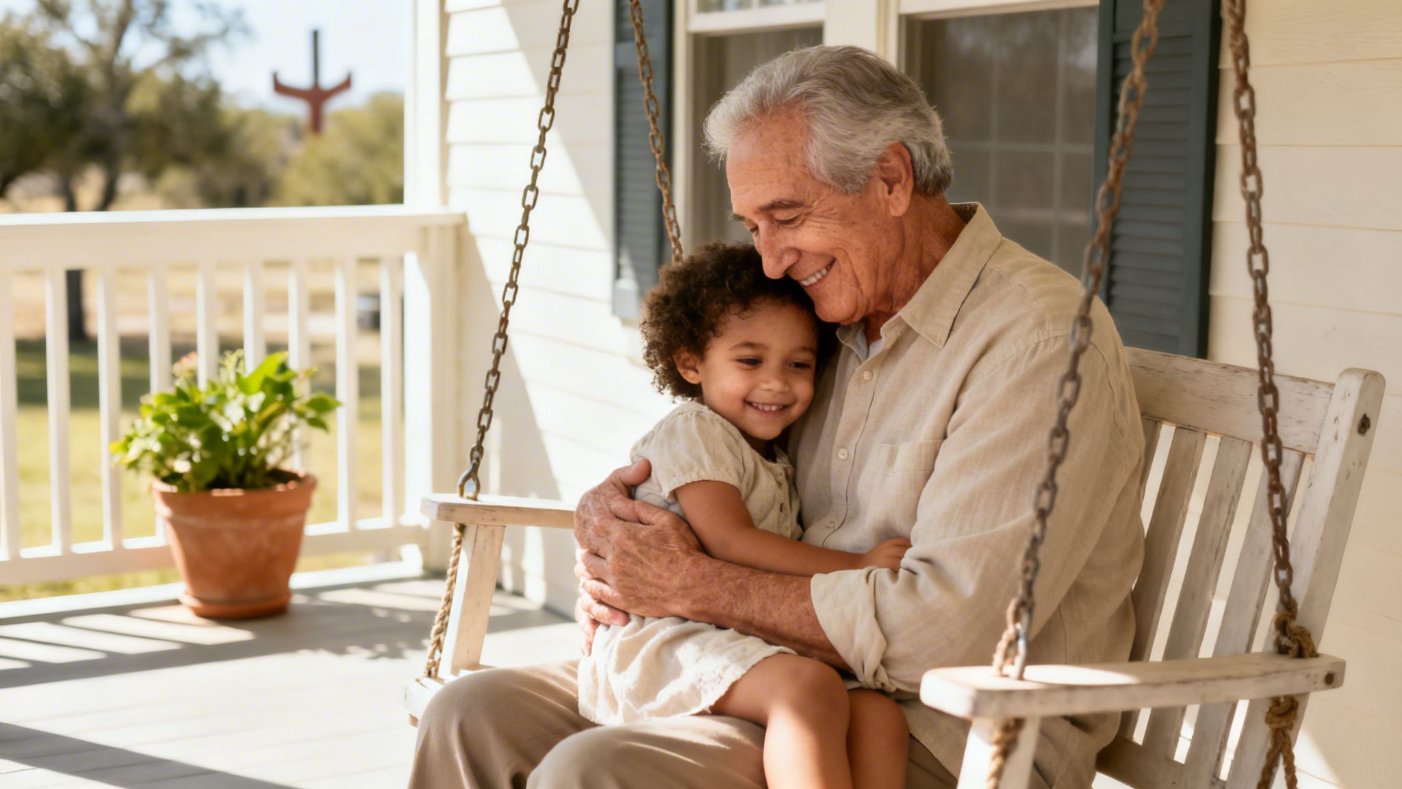 A smiling grandfather warmly embraces his granddaughter on a sunny porch swing, sharing a loving moment.