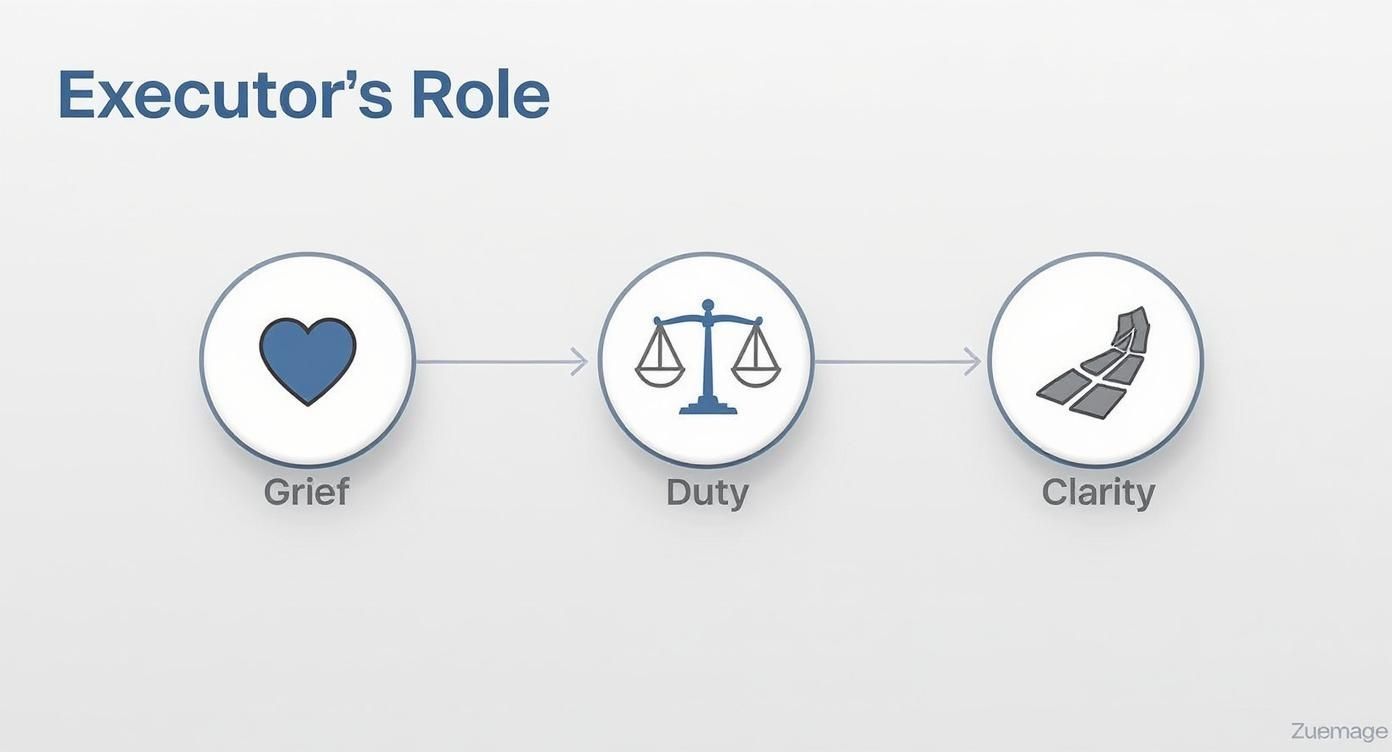 Diagram showing an executor's emotional journey from grief to duty, leading to clarity.