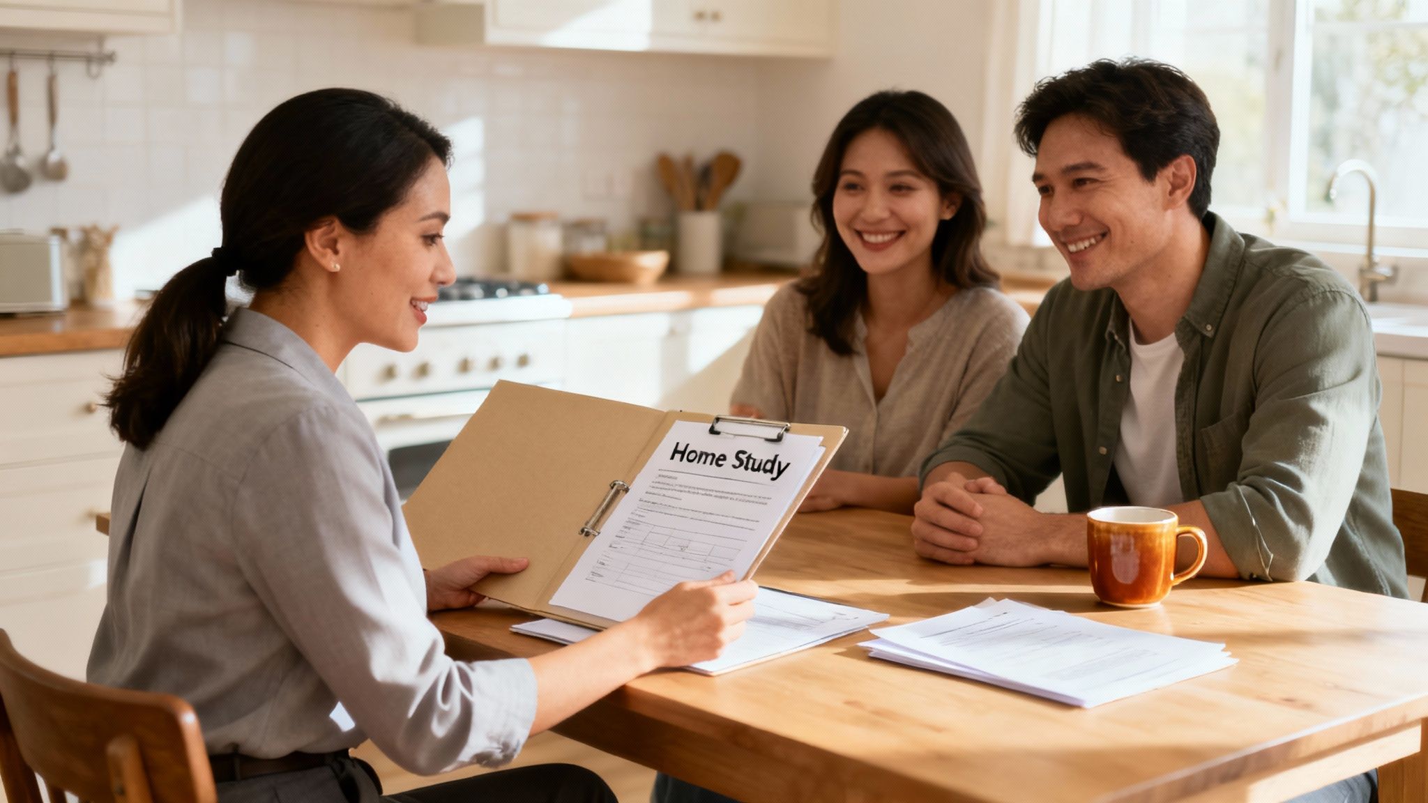 A social worker smiling while talking to a hopeful couple in their living room.