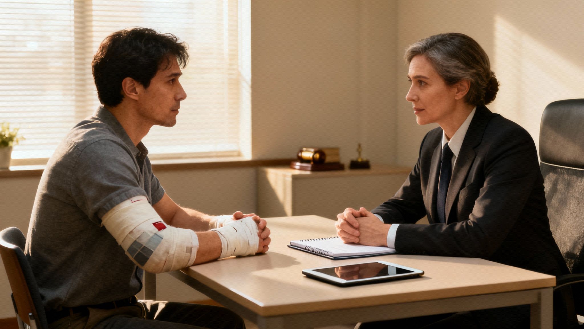 A lawyer and client having a serious discussion during a consultation.