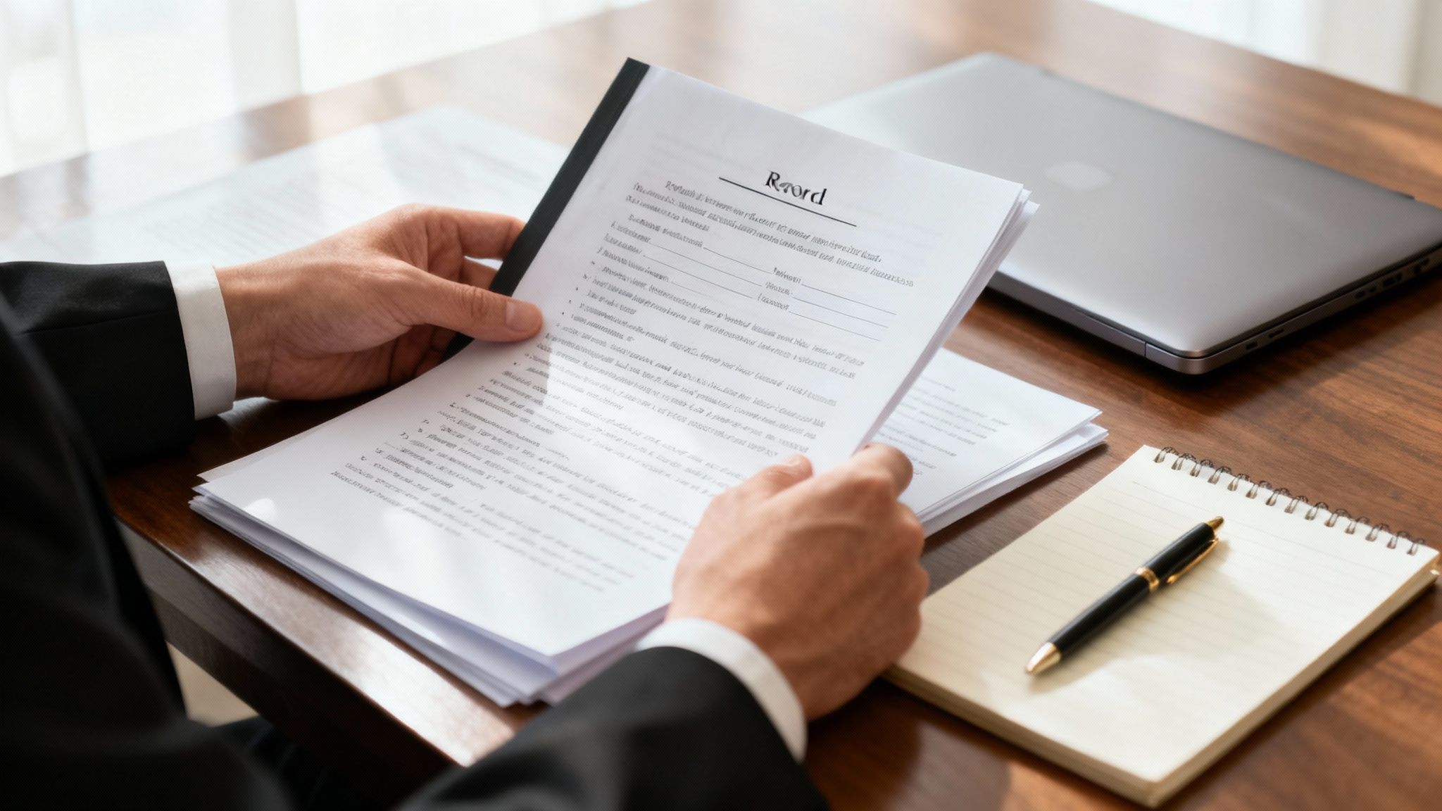 Hands of a businessman reviewing a document titled 'Record' on a desk with a laptop and notepad.